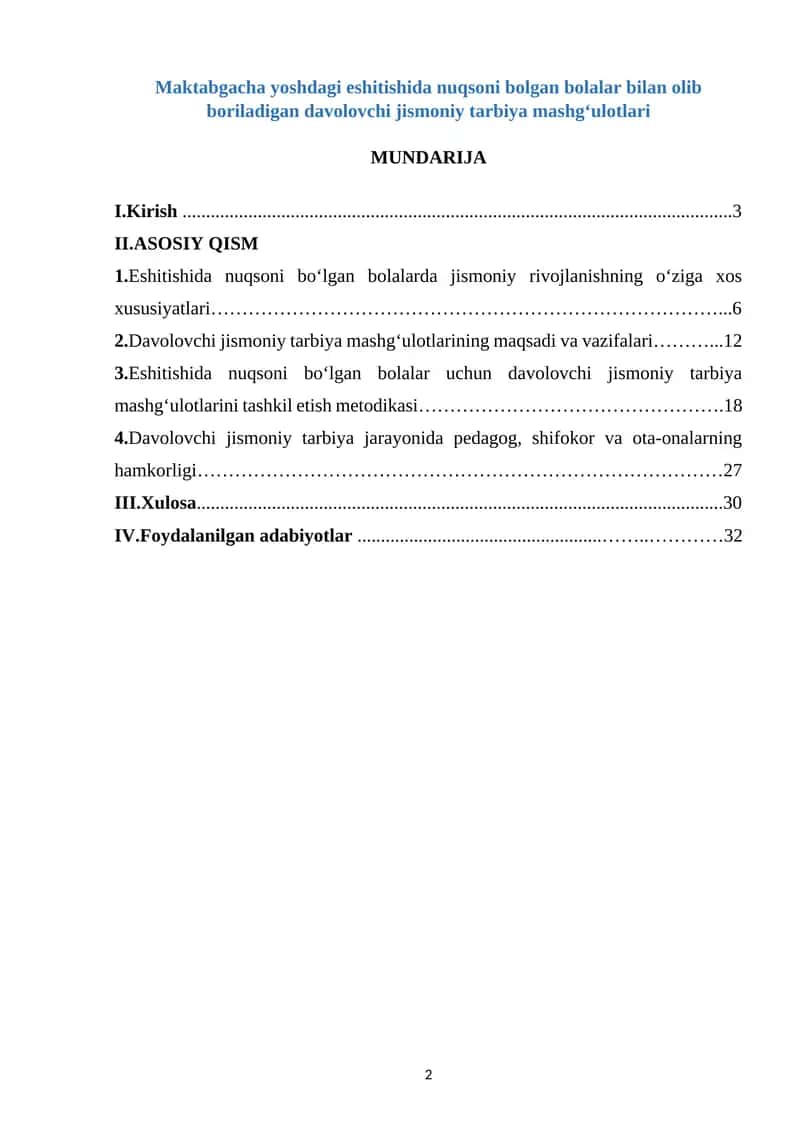 Maktabgacha yoshdagi eshitishida nuqsoni bolgan bolalar bilan olib boriladigan davolovchi jismoniy tarbiya mashg‘ulotlari