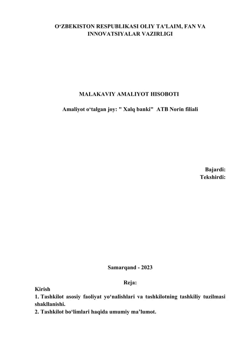 Xalq bankida amaliy jarayonlarning borishi
