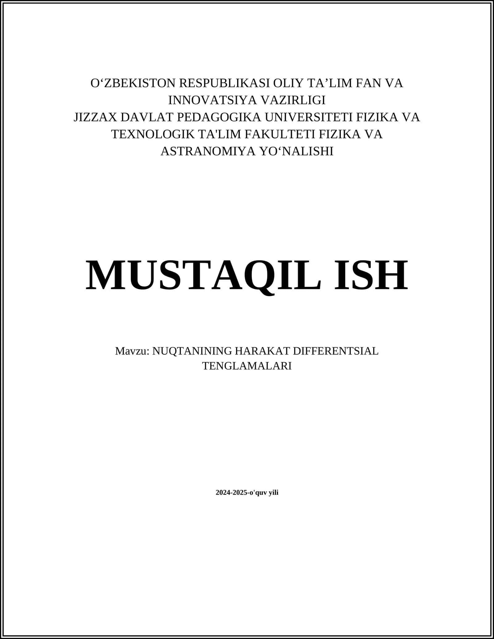 NUQTANING HARAKAT DIFFERENTSIAL TENGLAMALARI