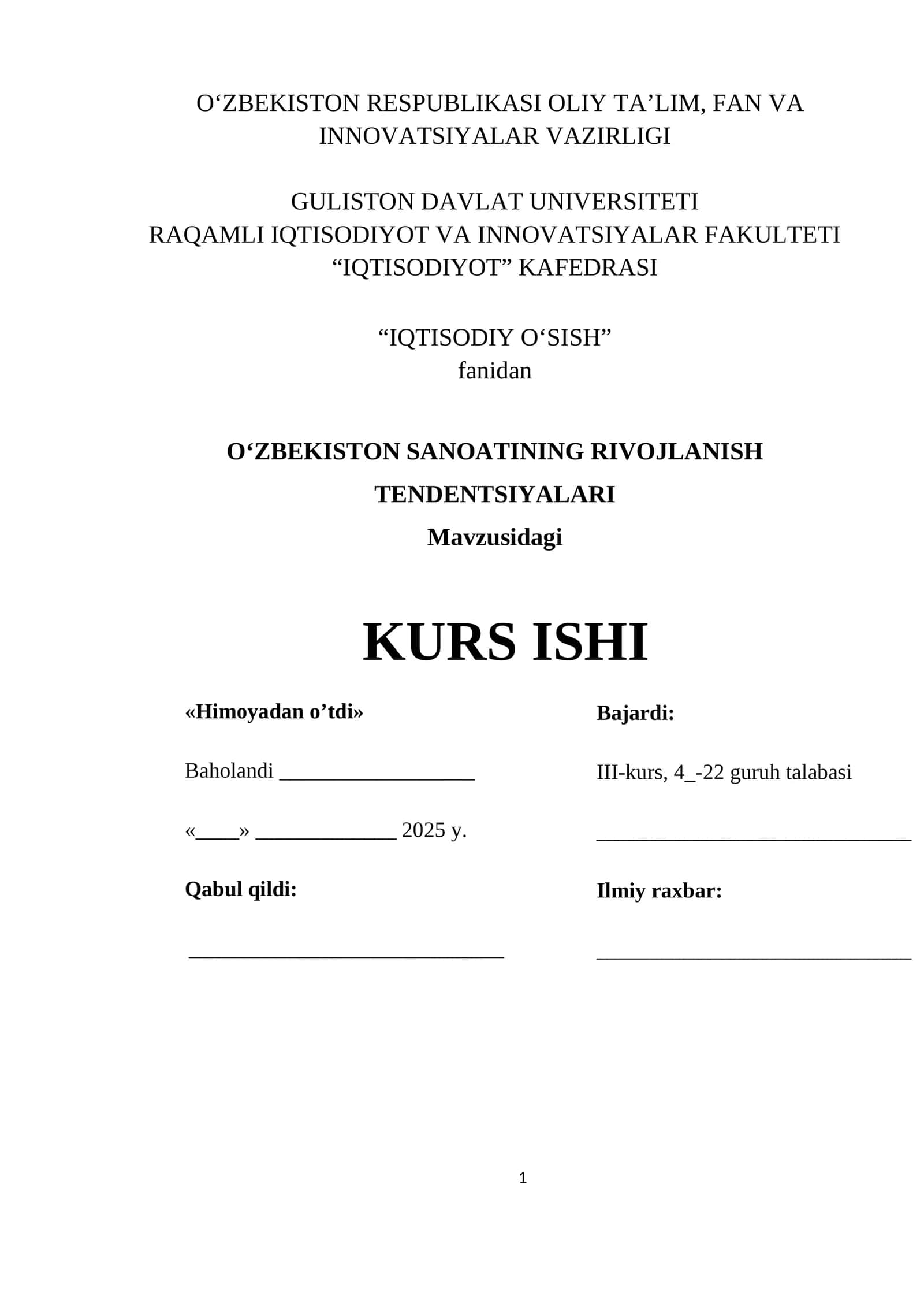 O‘ZBEKISTON SANOATINING RIVOJLANISH TENDENTSIYALARI