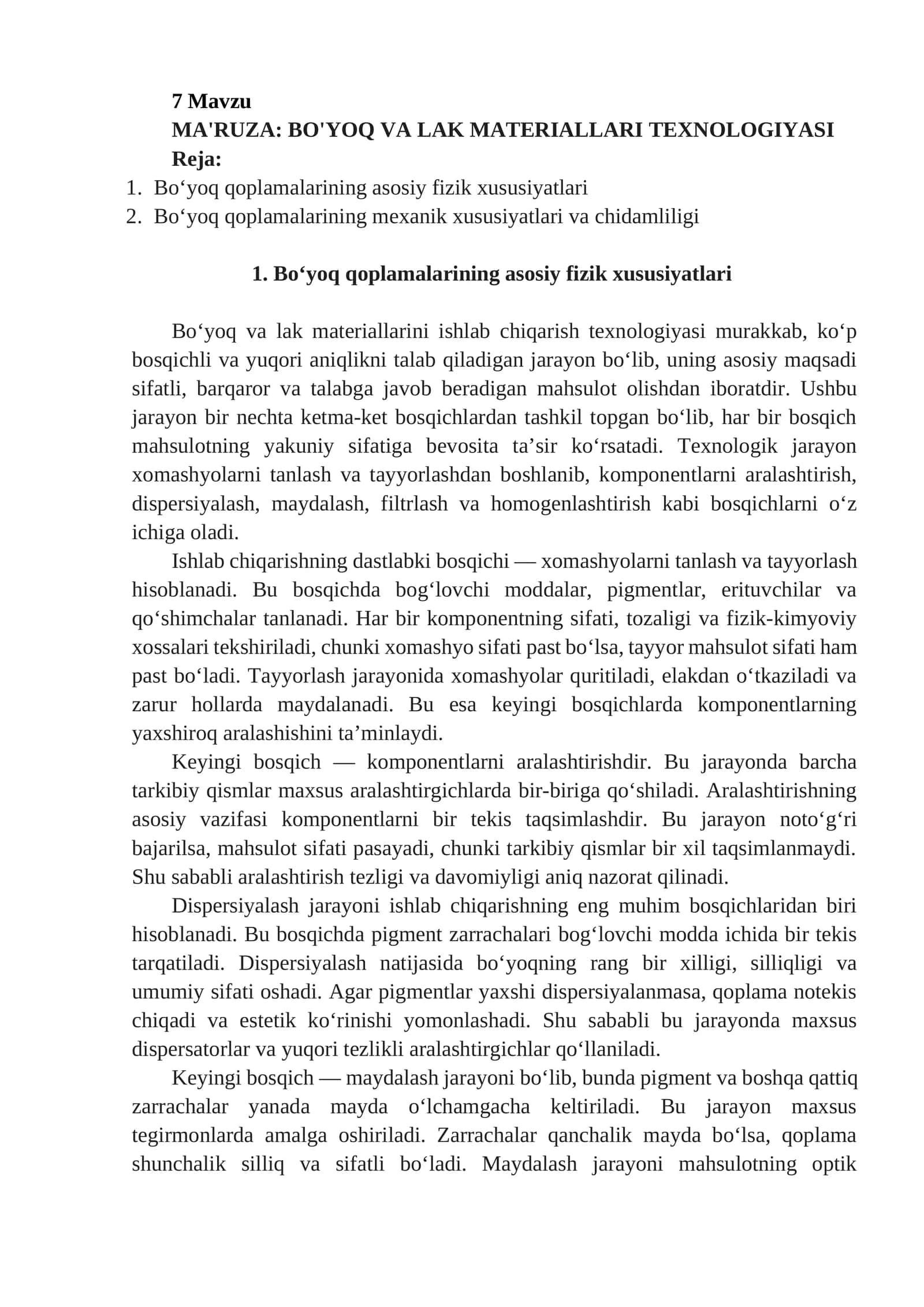 MA'RUZA: BO'YOQ VA LAK MATERIALLARI TEXNOLOGIYASI