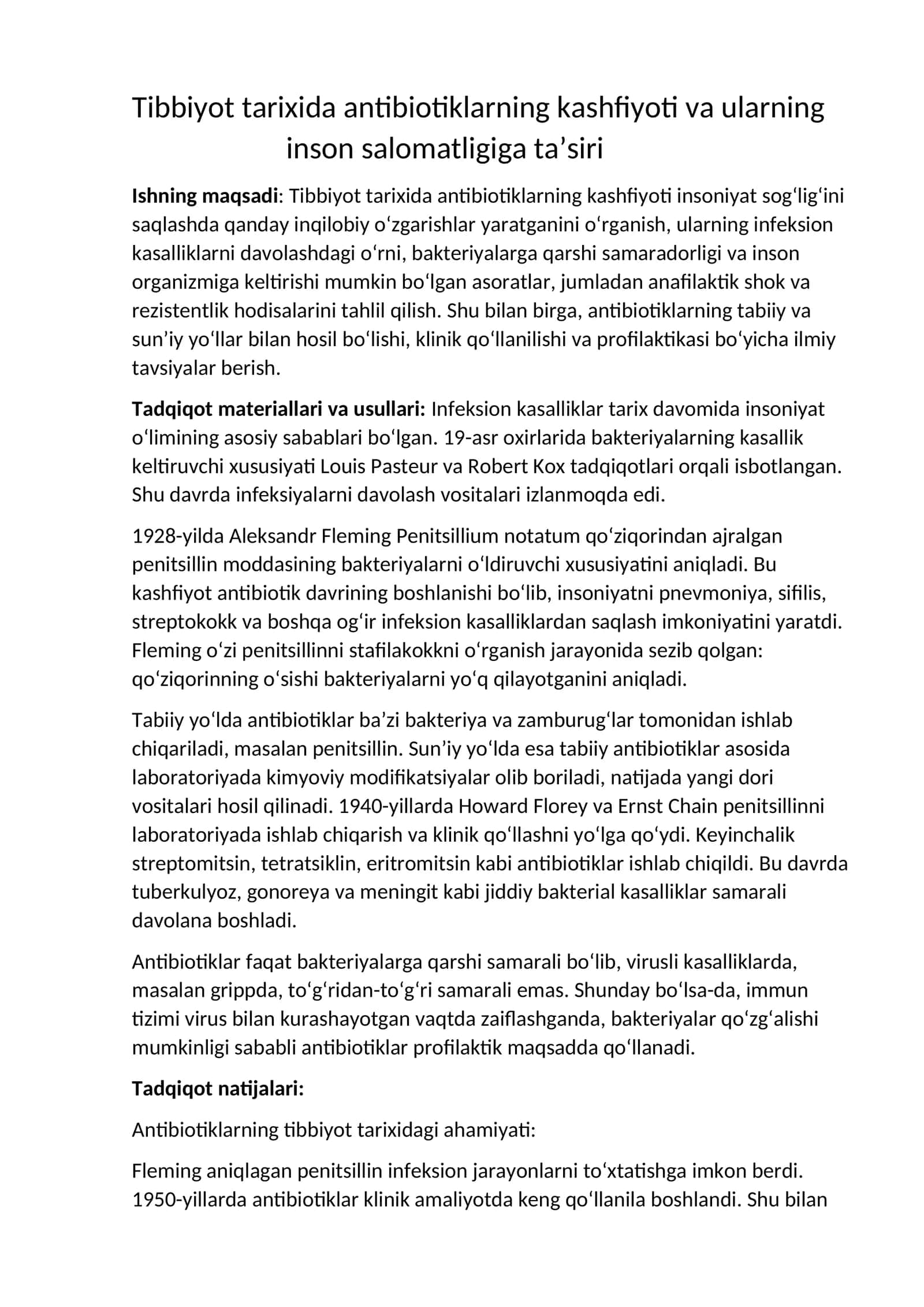 Tibbiyot tarixida antibiotiklarning kashfiyoti va ularning inson salomatligiga ta’siri
