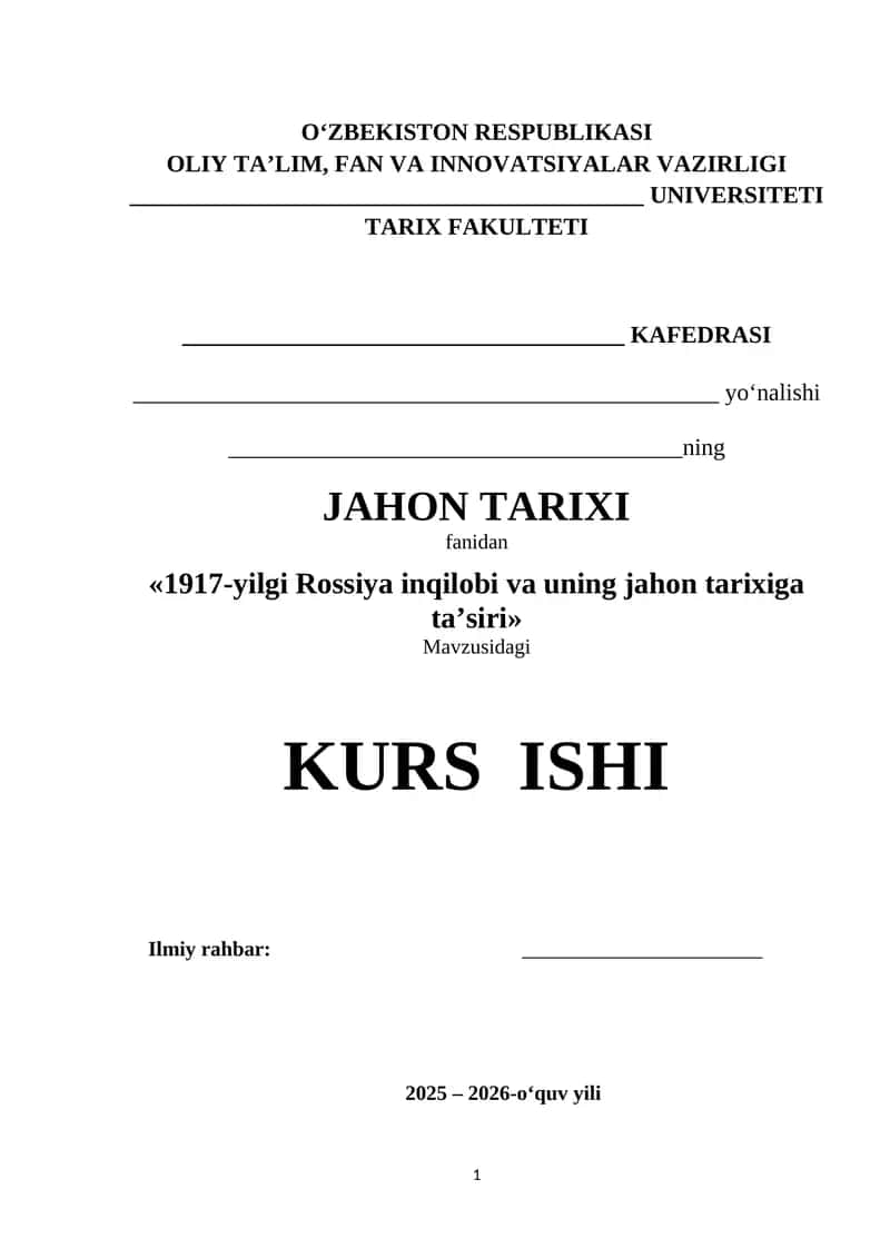 1917-yilgi Rossiya inqilobi va uning jahon tarixiga ta’siri