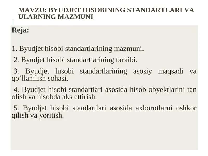 BYUDJET HISOBINING STANDARTLARI VA ULARNING MAZMUNI