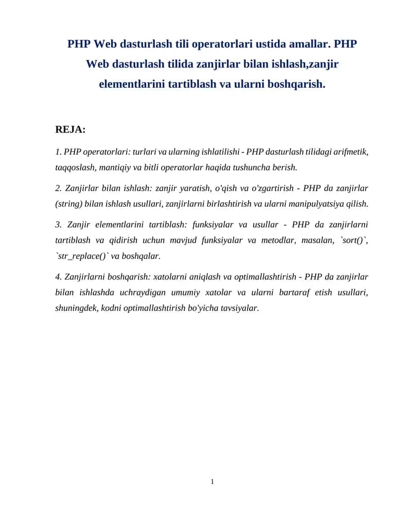 PHP Web dasturlash tili operatorlari ustida amallar