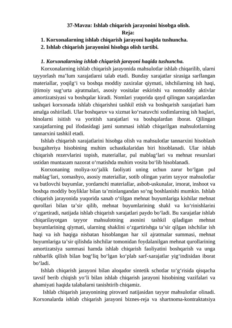Ishlab chiqarish jarayonini hisobga olish