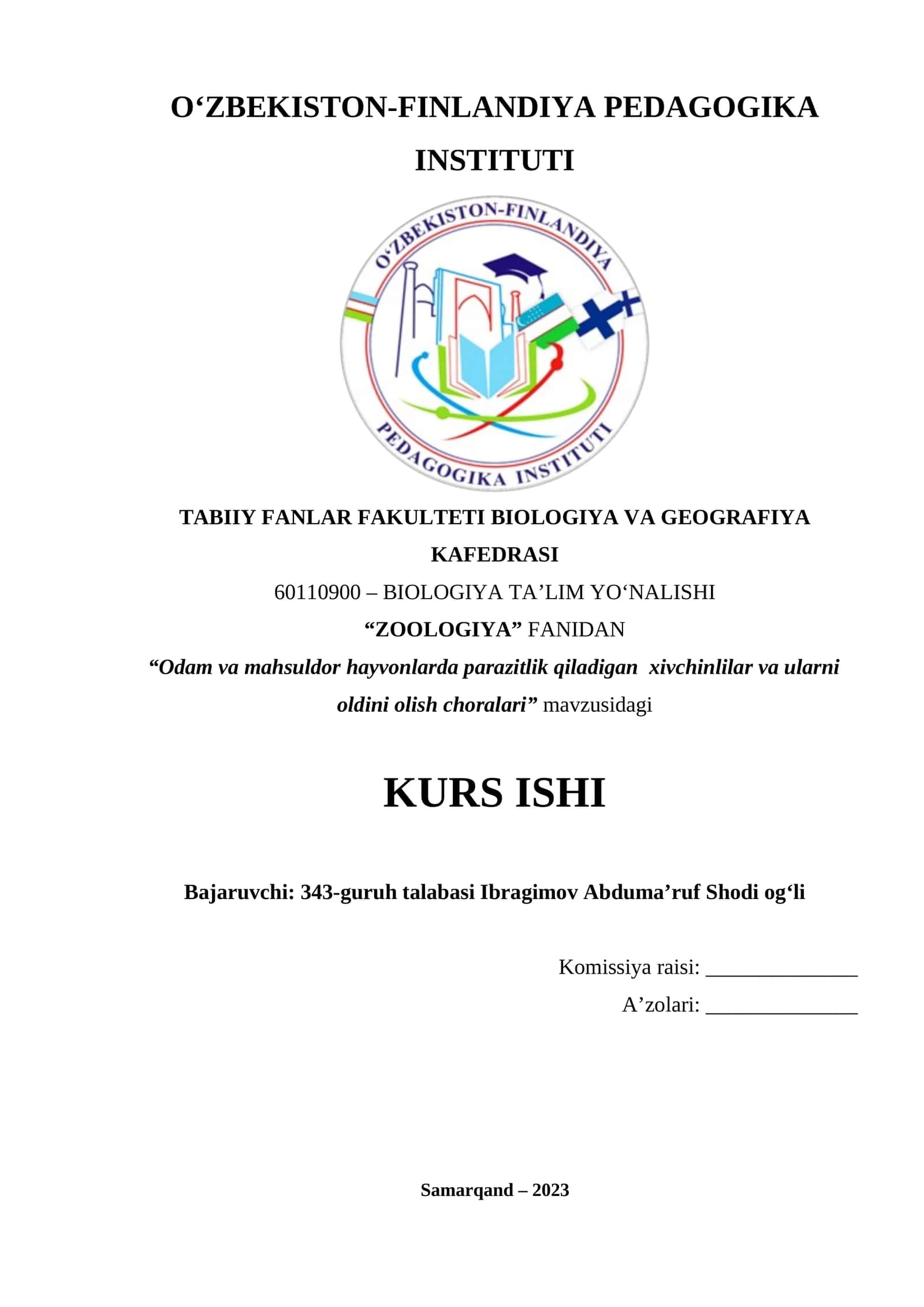 BIOLOGIYA TA’LIM YO‘NALISHI “ZOOLOGIYA” KURS ISHI
