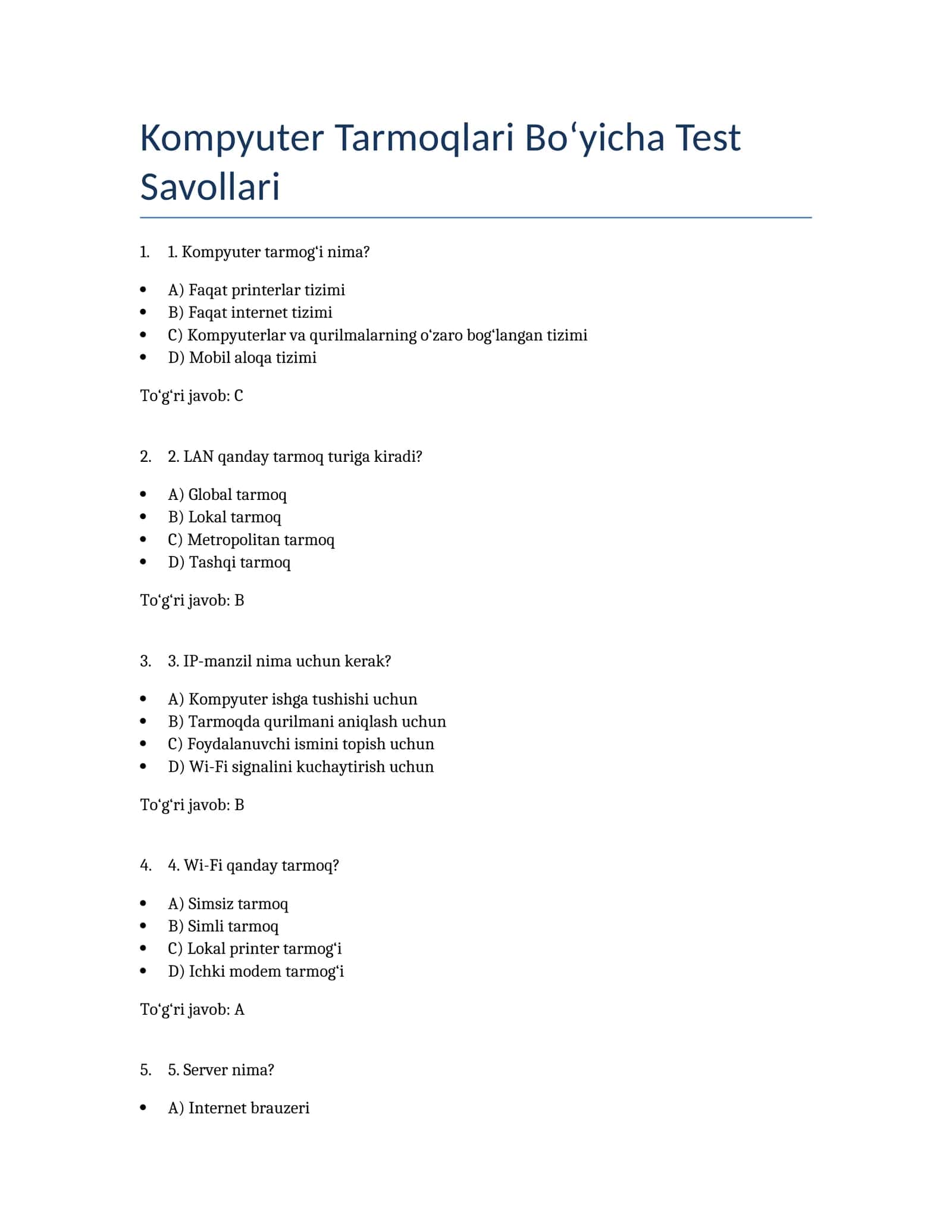 Kompyuter Tarmoqlari Bo‘yicha Test Savollari