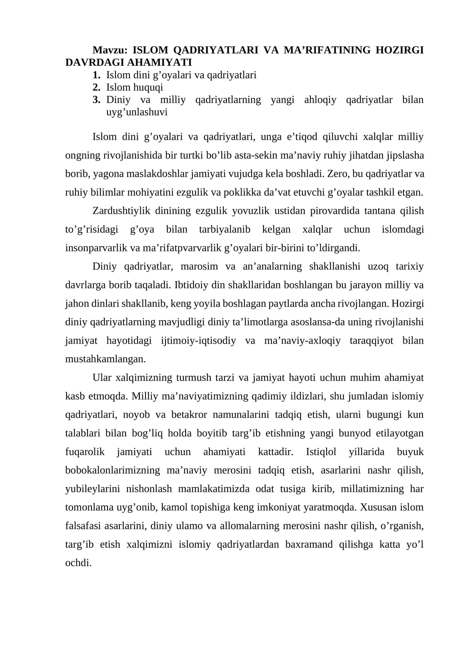 ISLOM QADRIYATLARI VA MA’RIFATINING HOZIRGI DAVRDAGI AHAMIYATI