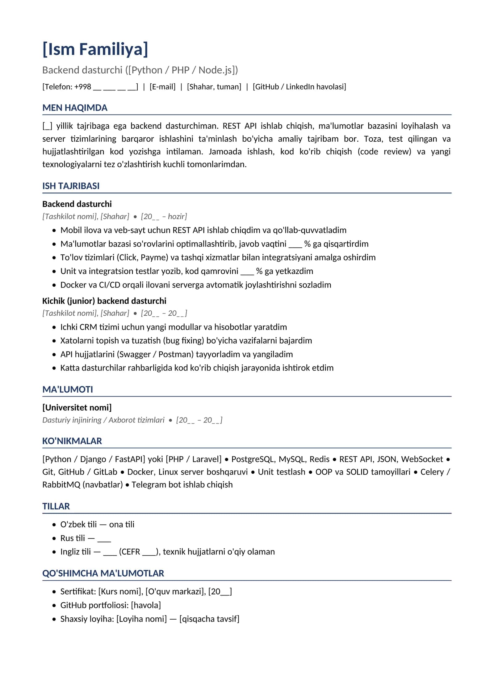 Rezyume namunasi Dasturchi backend