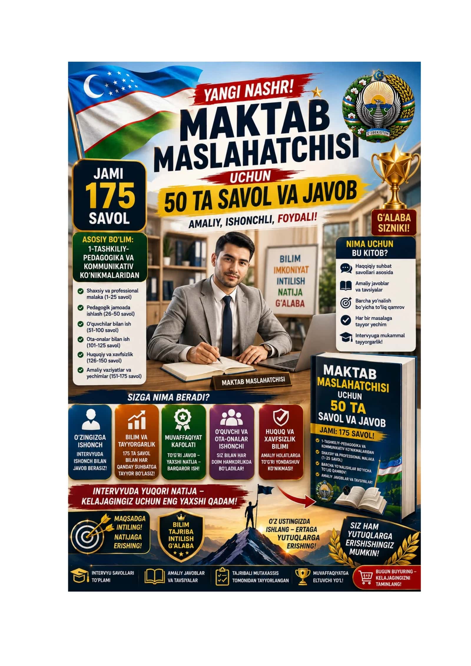 MAKTAB MASLAHATCHISI UCHUN 50 TA SAVOL VA JAVOB