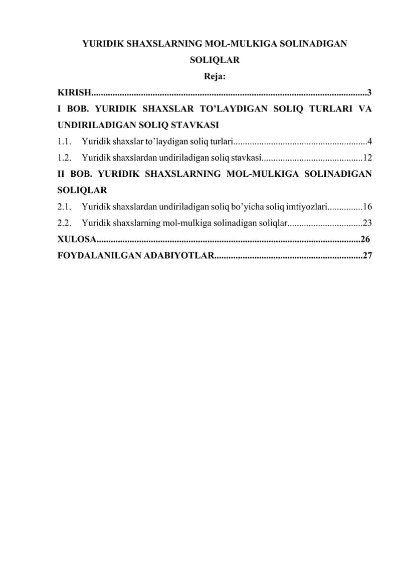 YURIDIK SHAXSLARNING MOL-MULKIGA SOLINADIGAN SOLIQLAR