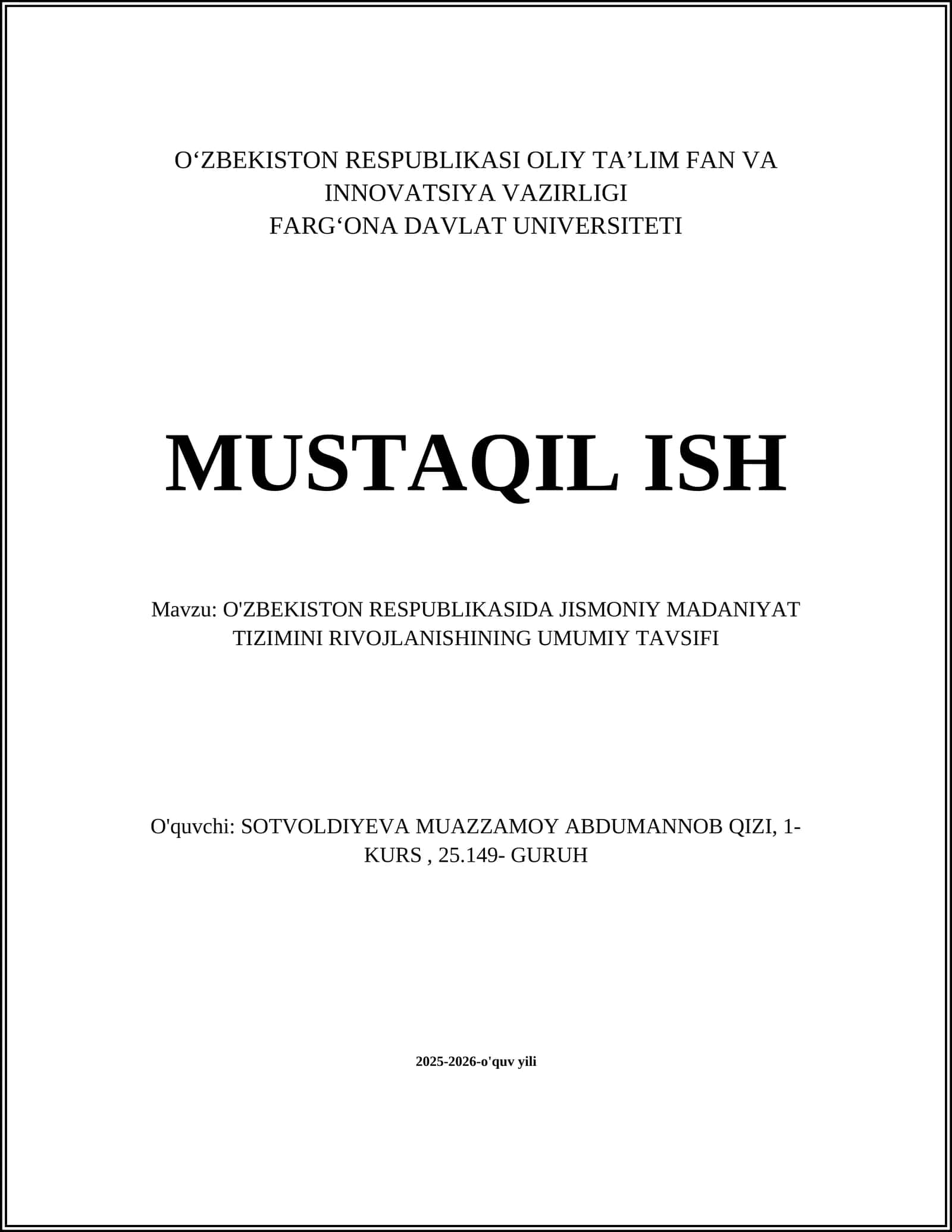 O'zbekiston respublikasida Jismoniy Madaniyat Tizimini Rivojlantirish