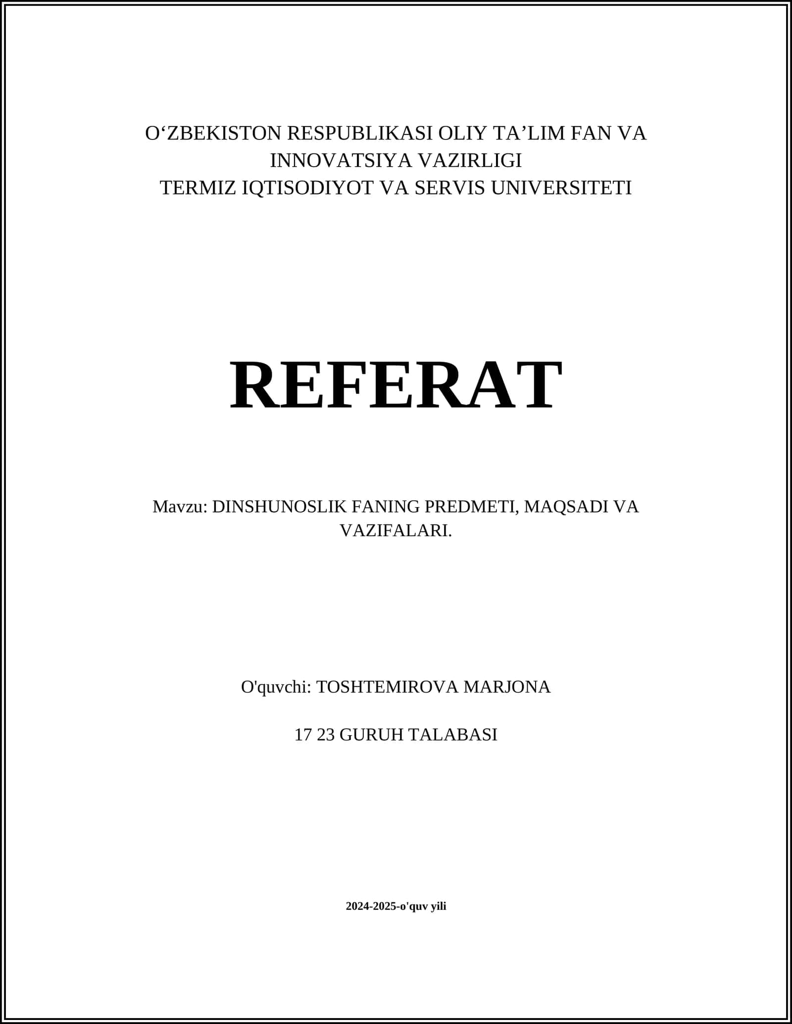 DINSHUNOSLIK FANING PREDMETI, MAQSADI VA VAZIFALARI