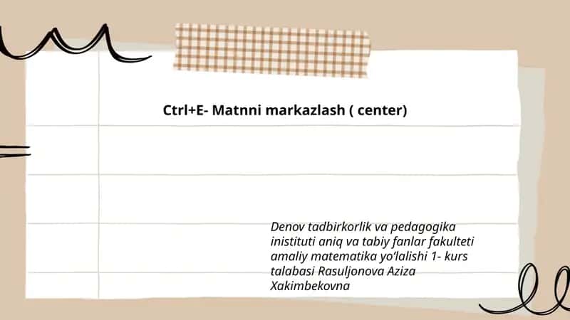 - Tags (comma-separated): amaliy matematika, talaba, Denov instituti, Rasuljonova Aziza, Ctrl+E, matnni markazlash