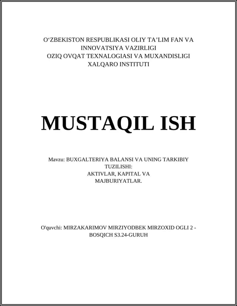 BUXGALTERIYA BALANSI VA UNING TARKIBIY TUZILISHI
