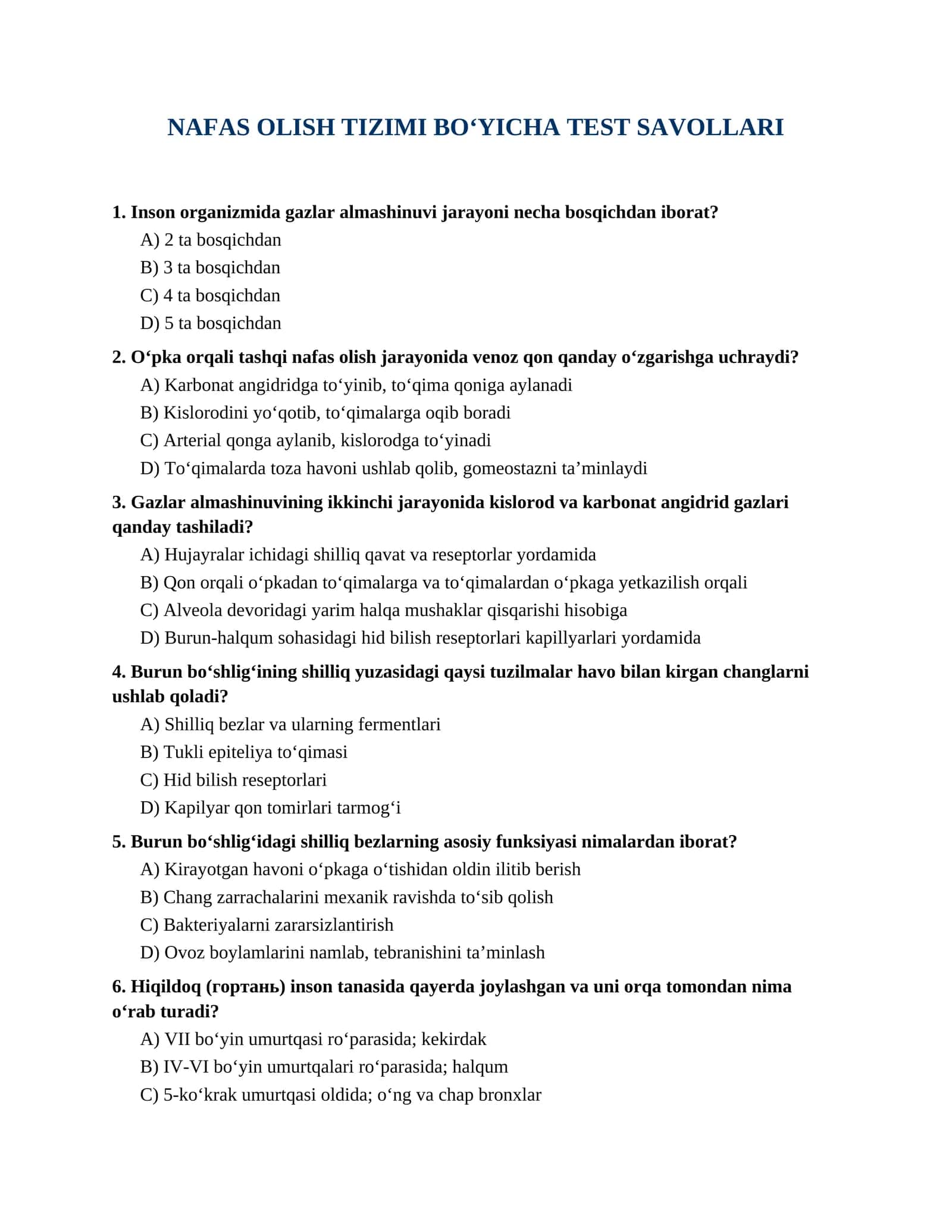 NAFAS OLISH TIZIMI BO‘YICHA TEST SAVOLLARI