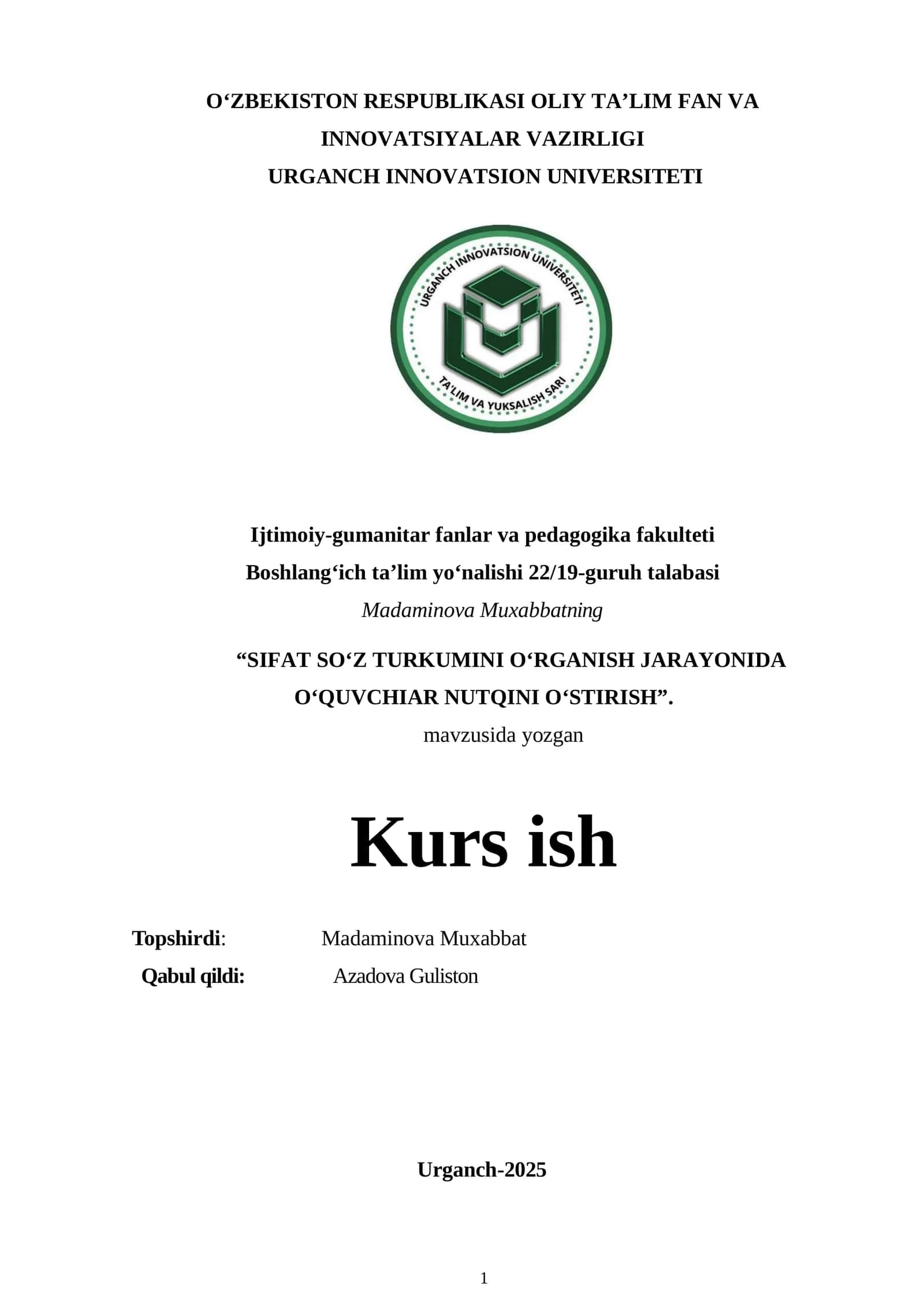 [“SIFAT SO‘Z TURKUMINI O‘RGANISH JARAYONIDA O‘QUVCHIAR NUTQINI O‘STIRISH”]