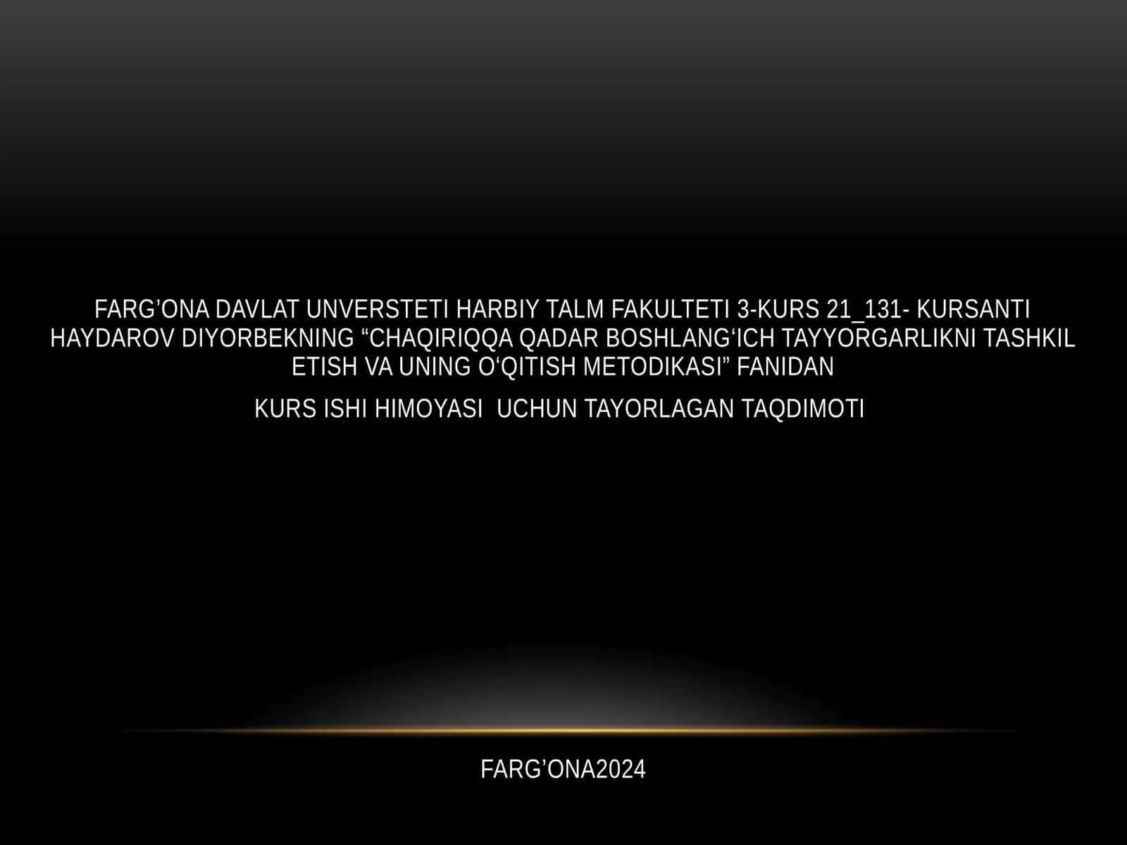 "CHAQIRIQQA QADAR BOSHLANG‘ICH TAYYORGARLIKNI TASHKIL ETISH VA UNING O‘QITISH METODIKASI" FANIDAN KURS ISHI HIMOYASI UCHUN TAYORLAGAN TAQDIMOTI