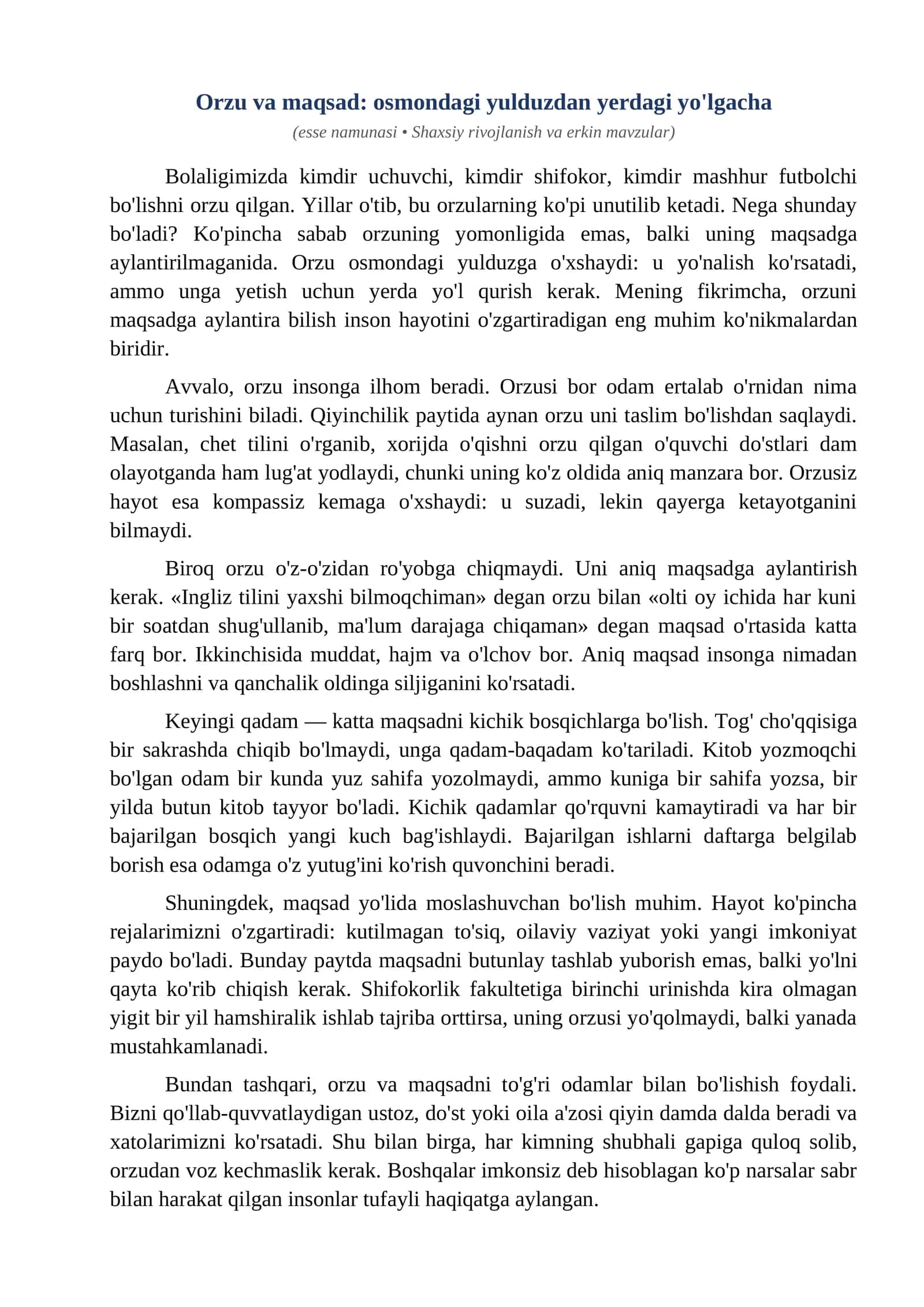 Esse Orzu va maqsad osmondagi yulduzdan yerdagi yolgacha
