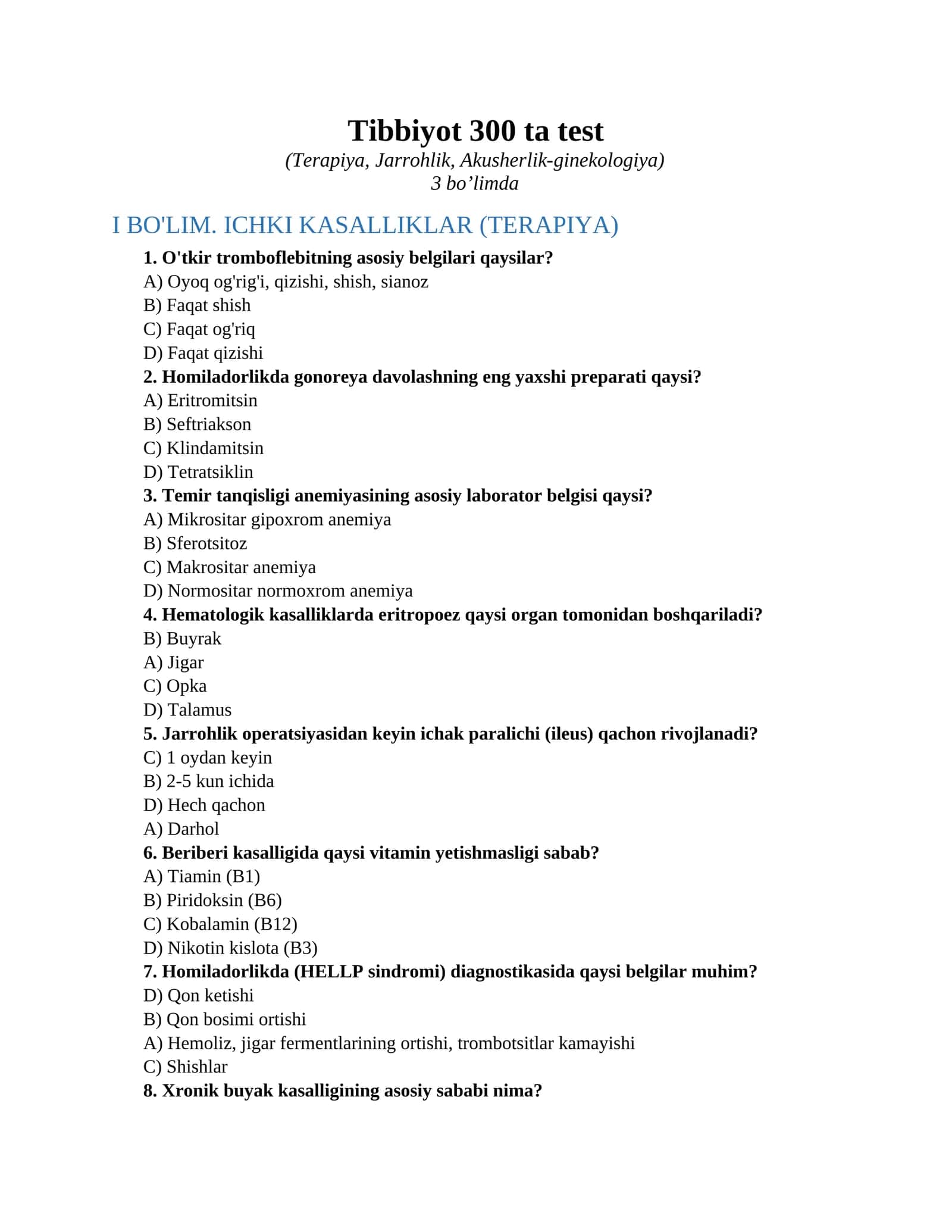 Tibbiyot 300 ta test