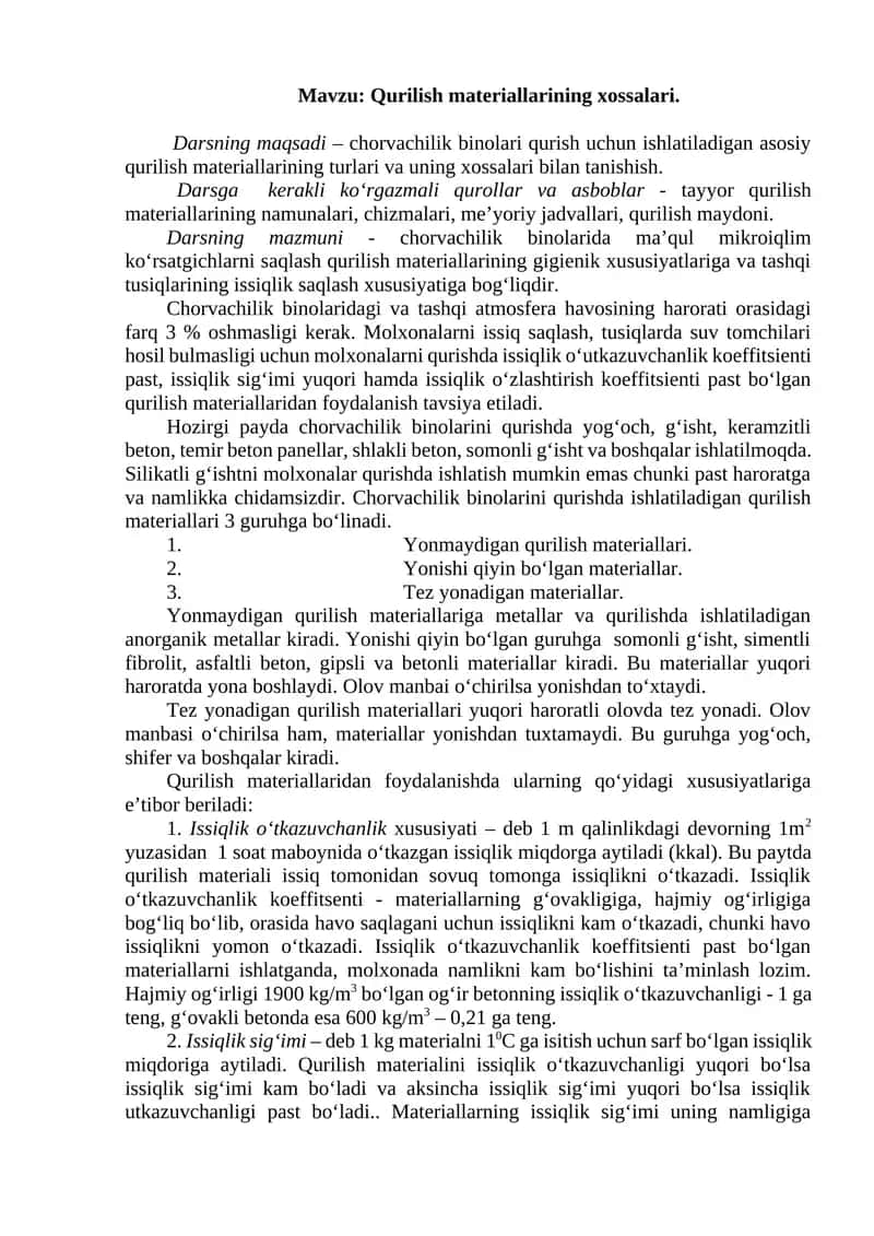 Qurilish materiallarining xossalari