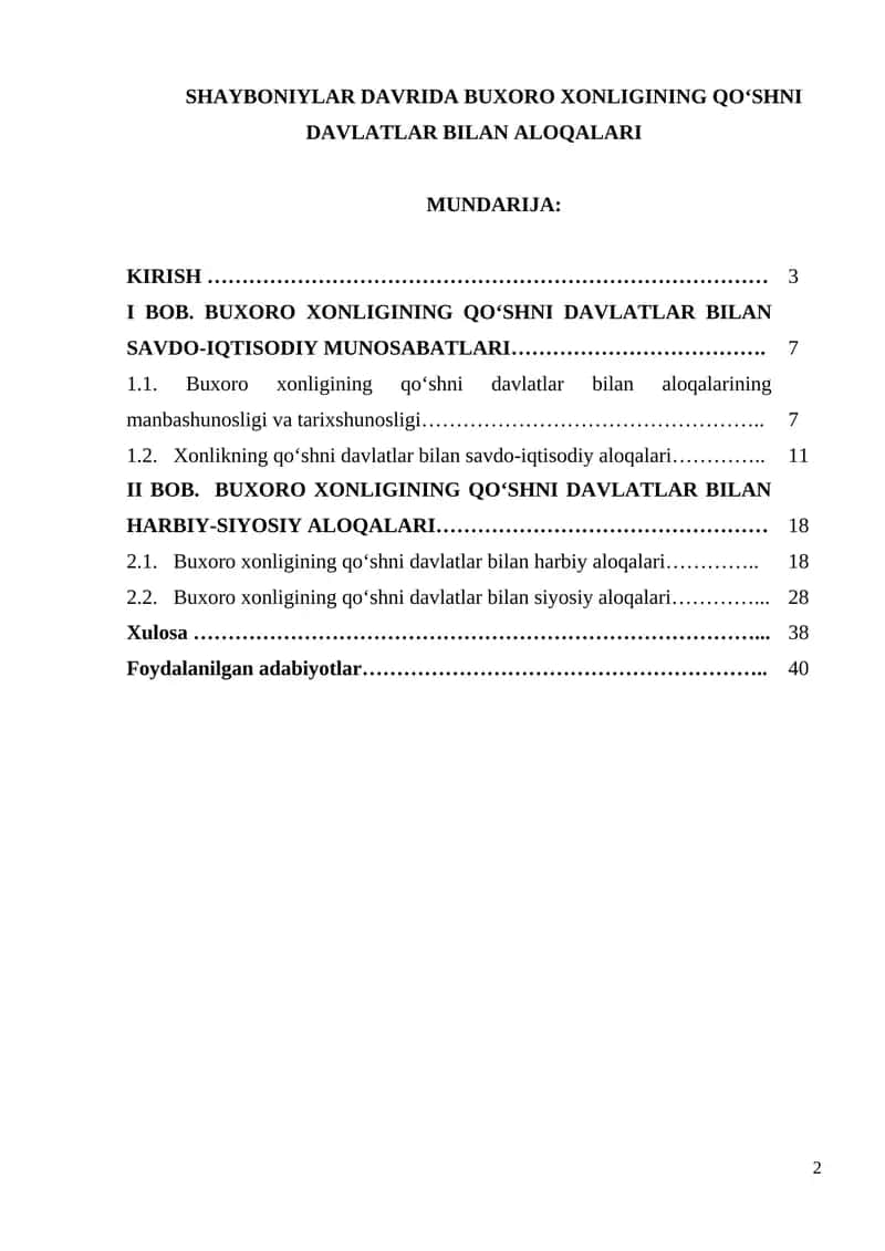 SHAYBONIYLAR DAVRIDA BUXORO XONLIGINING QO‘SHNI DAVLATLAR BILAN ALOQALARI