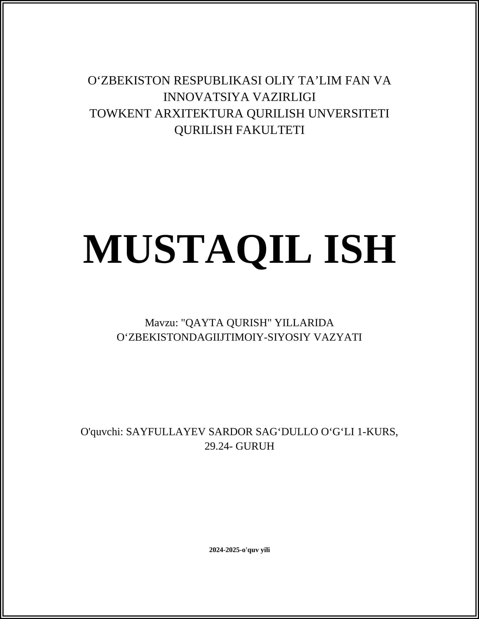 "QAYTA QURISH" YILLARIDA OʻZBEKISTONDAGIIJTIMOIY-SIYOSIY VAZYATI