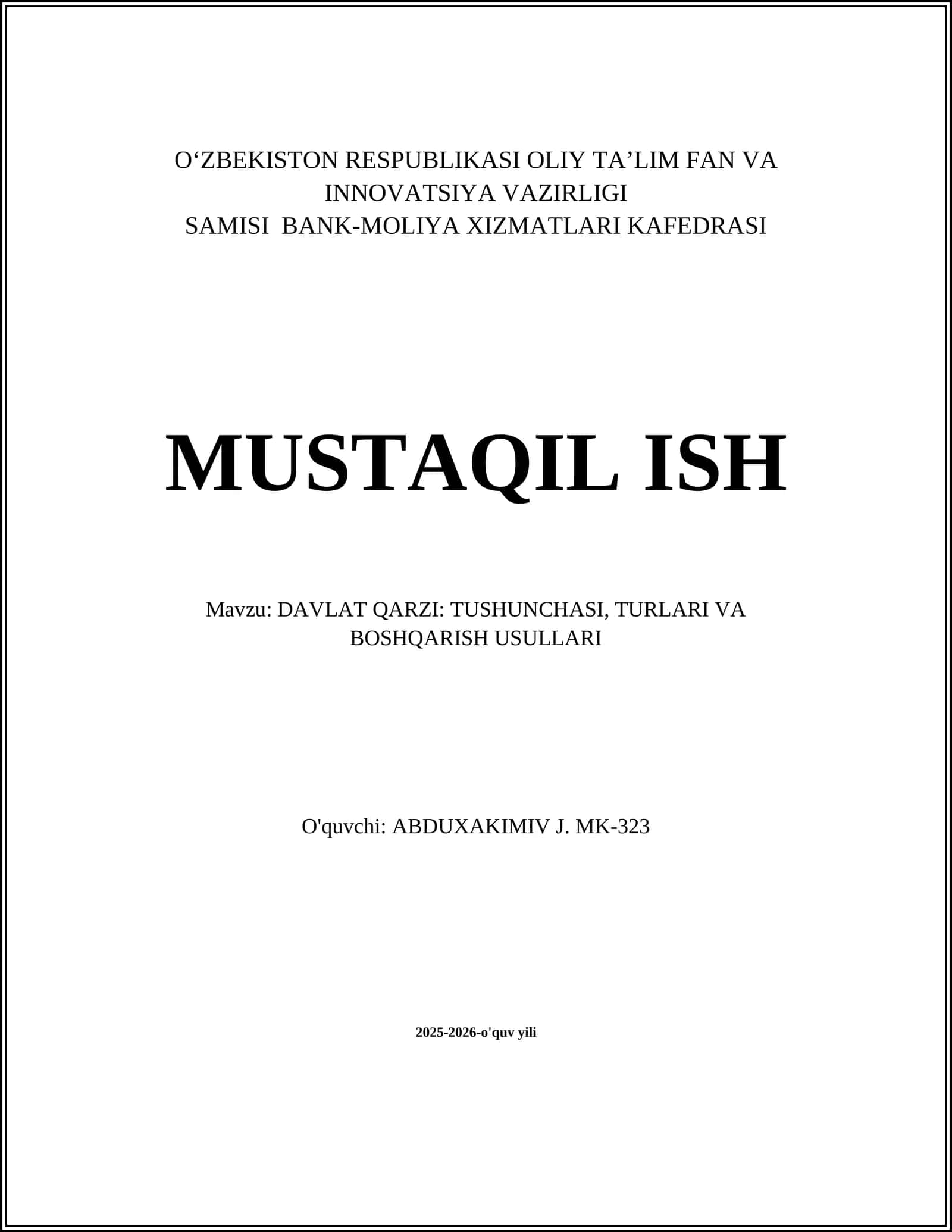DAVLAT QARZI: TUSHUNCHASI, TURLARI VA BOSHQARISH USULLARI