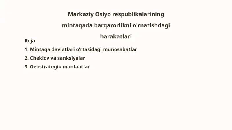 Markaziy Osiyorespublikalarining mintaqadabarqarorliknio'rnatishdagiharakatlari