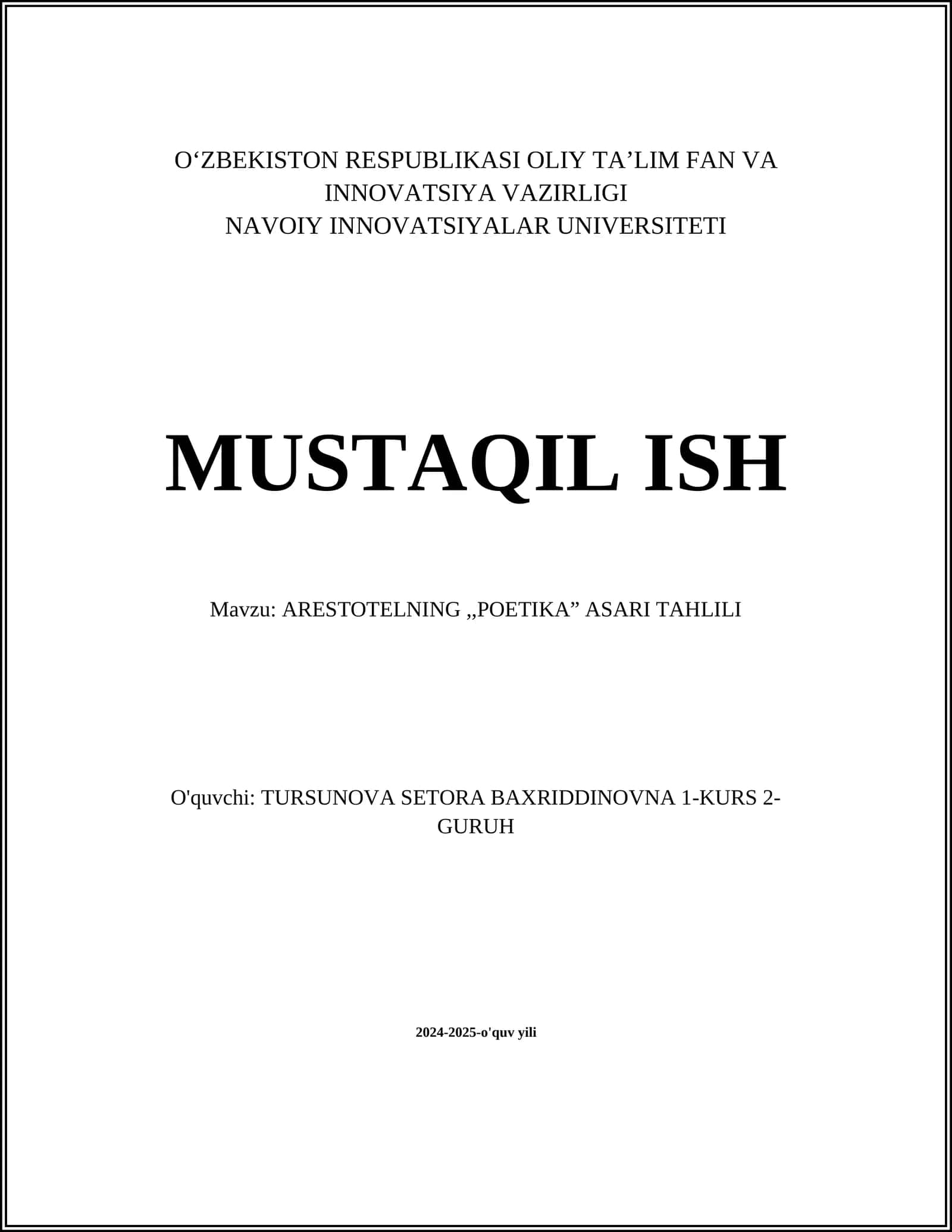 ARESTOTELNING "POETIKA" ASARI TAHLILI
