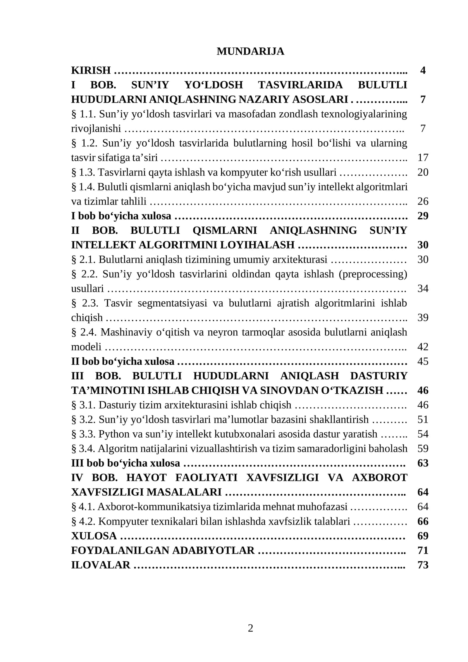 Sunʼiy yoʻldosh tasvirlaridan bulutli qismlarini aniqlashning sunʼiy intellekt algoritmini ishlab chiqish
