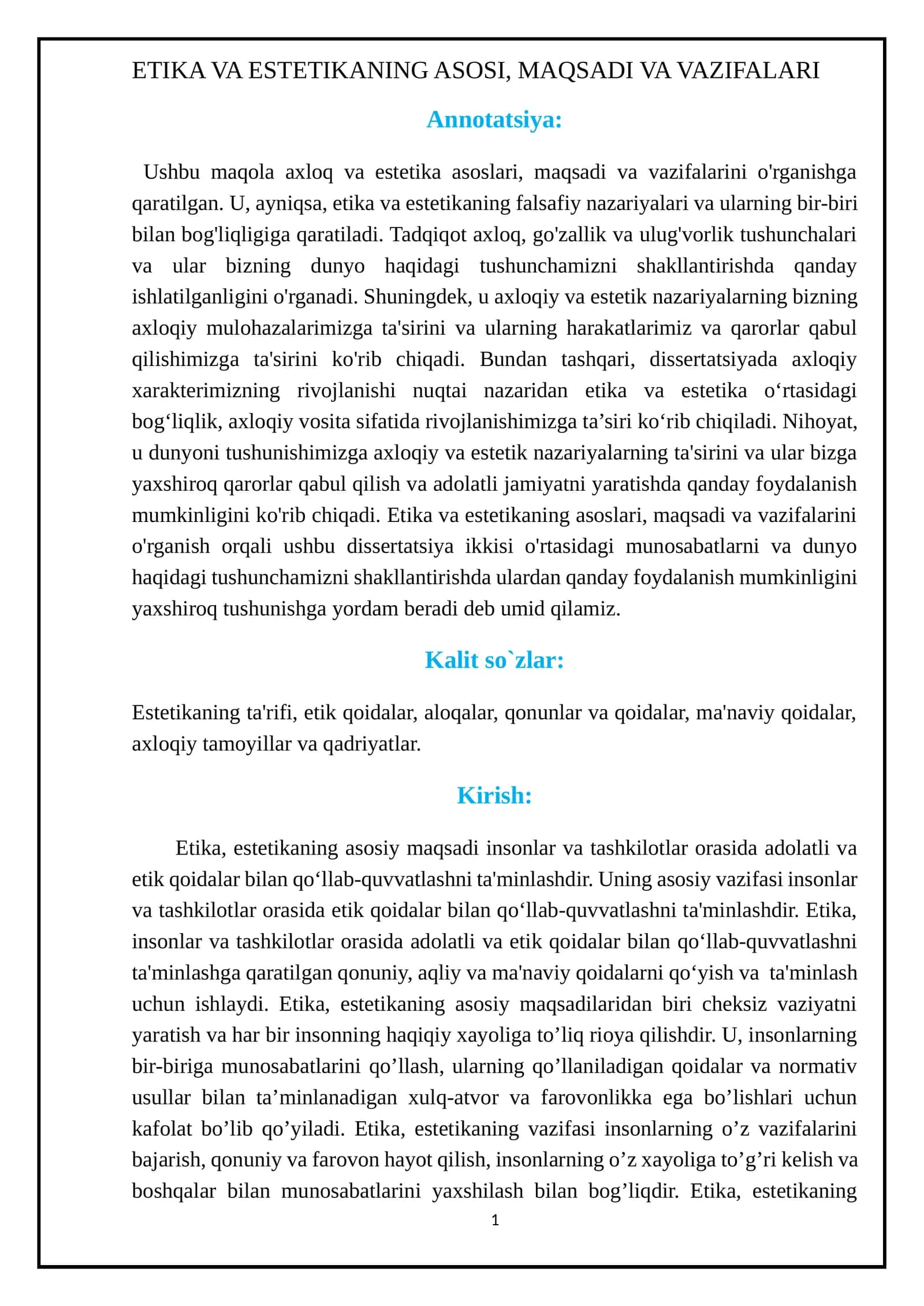 ETIKA VA ESTETIKANING ASOSI, MAQSADI VA VAZIFALARI