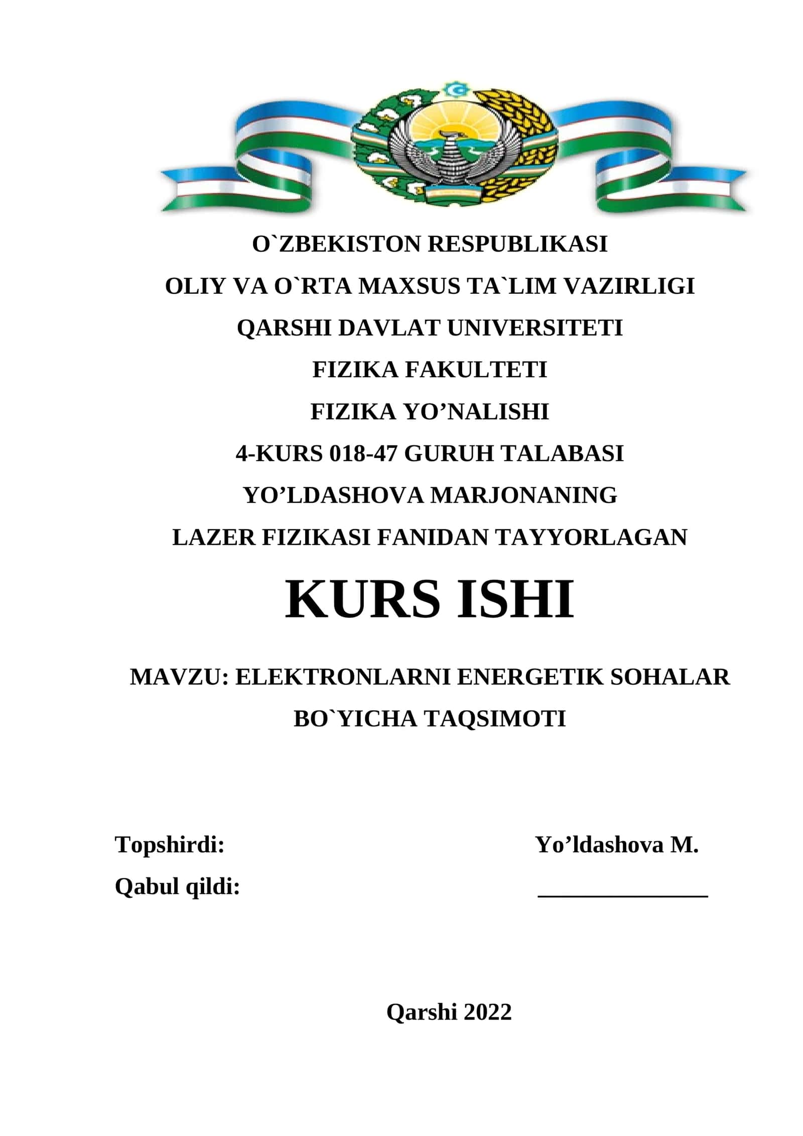 ELEKTRONLARNI ENERGETIK SOHALAR BO`YICHA TAQSIMOTI