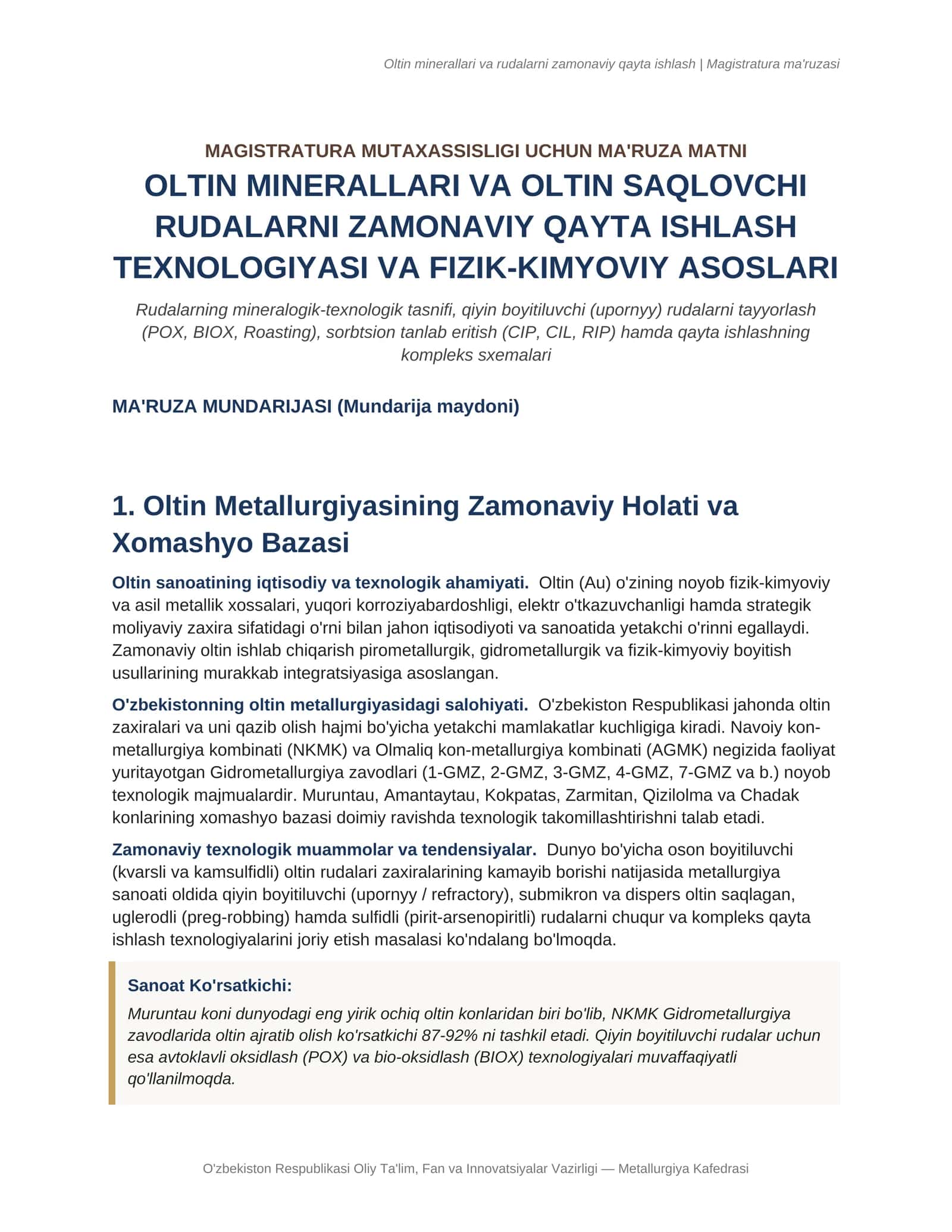 Oltin minerallari va rudalarni zamonaviy qayta ishlash