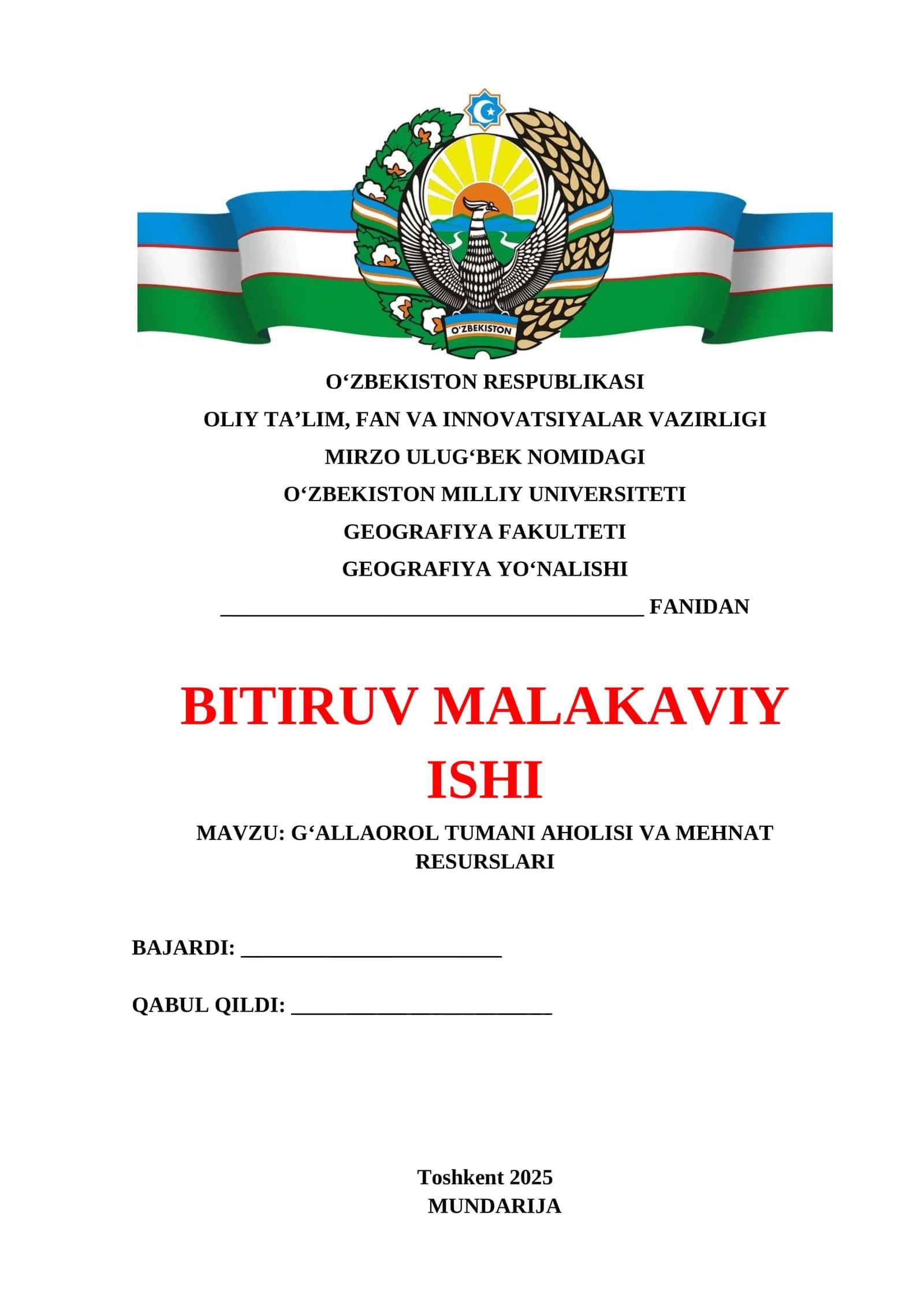 G‘ALLAOROL TUMANI AHOLISI VA MEHNAT RESURSLARI