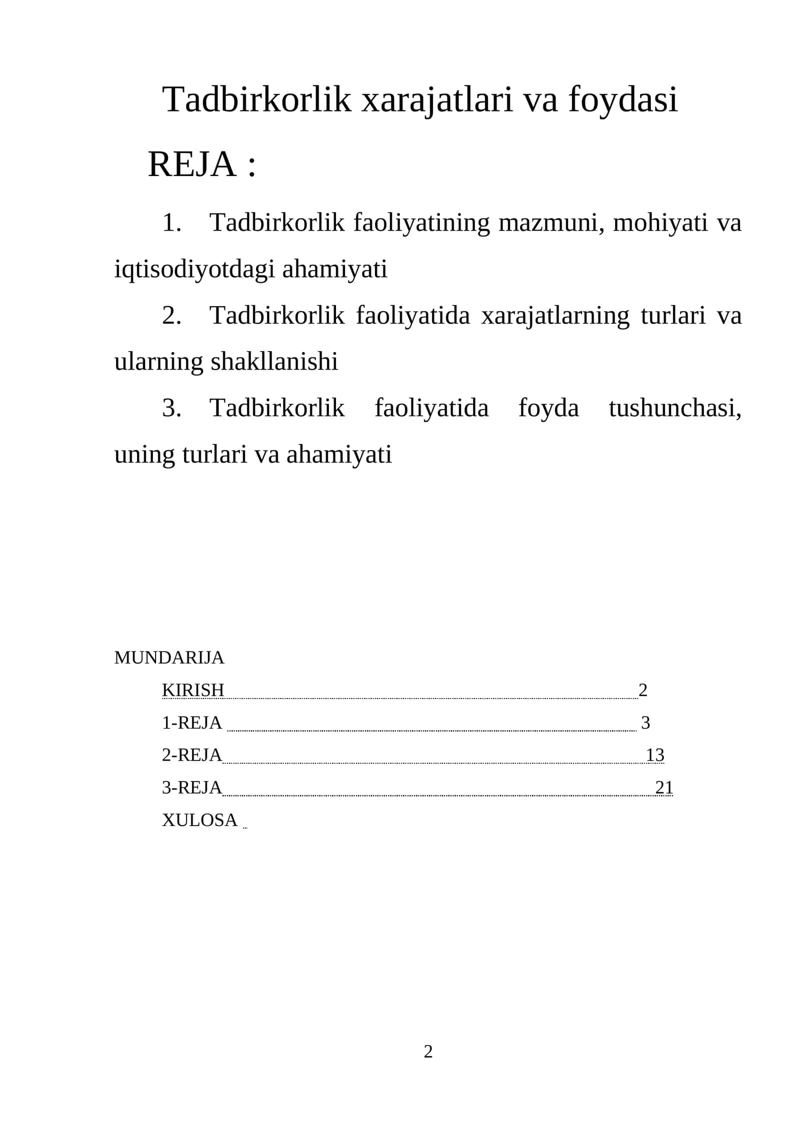 Tadbirkorlik xarajatlari va foydasi