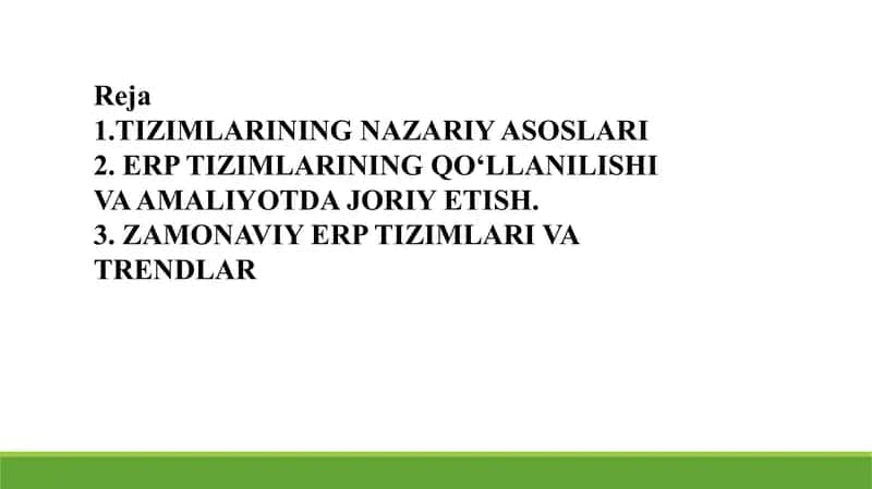 ERP TIZIMLARINING QO‘LLANILISHI VA AMALIYOTDA JORIY ETISH