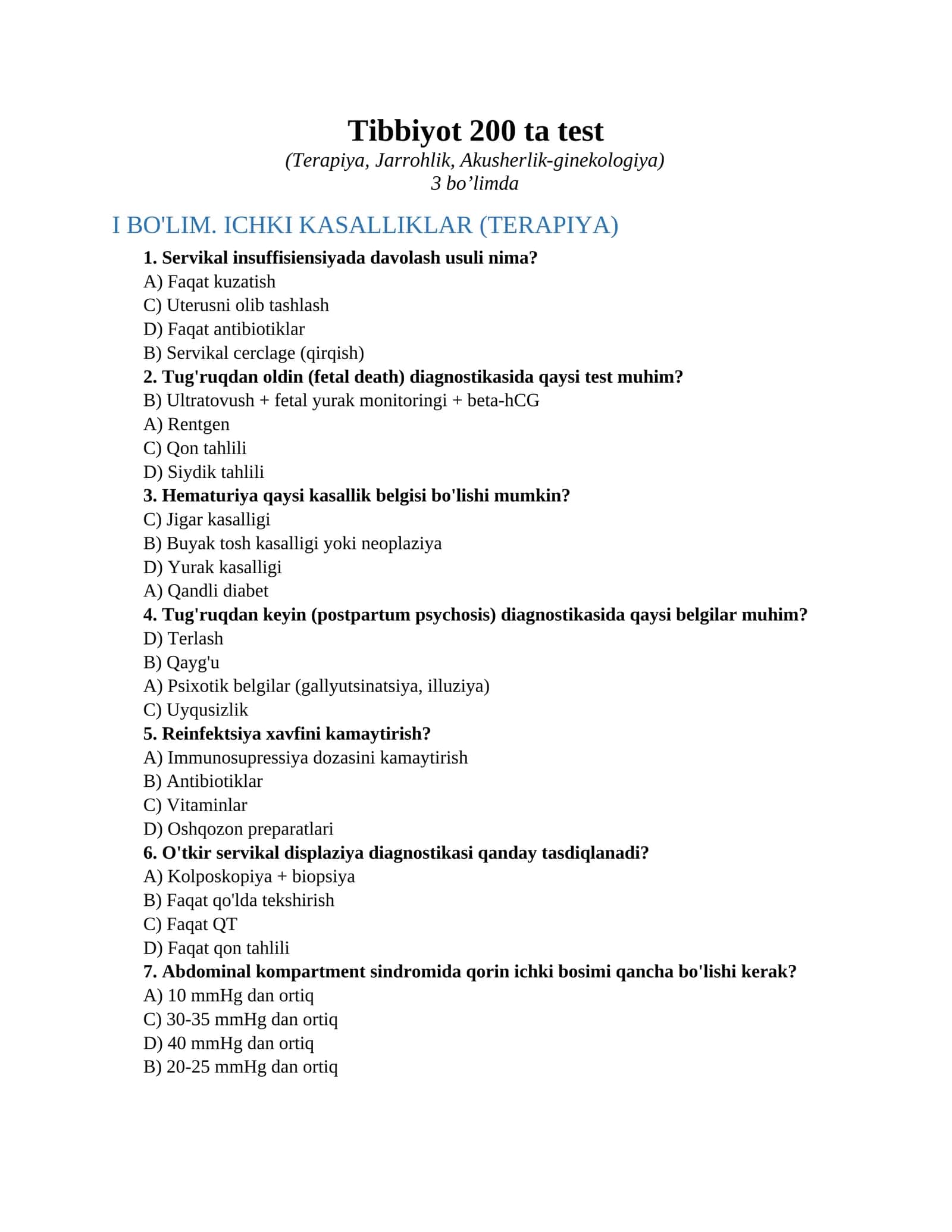 Tibbiyot 200 ta test