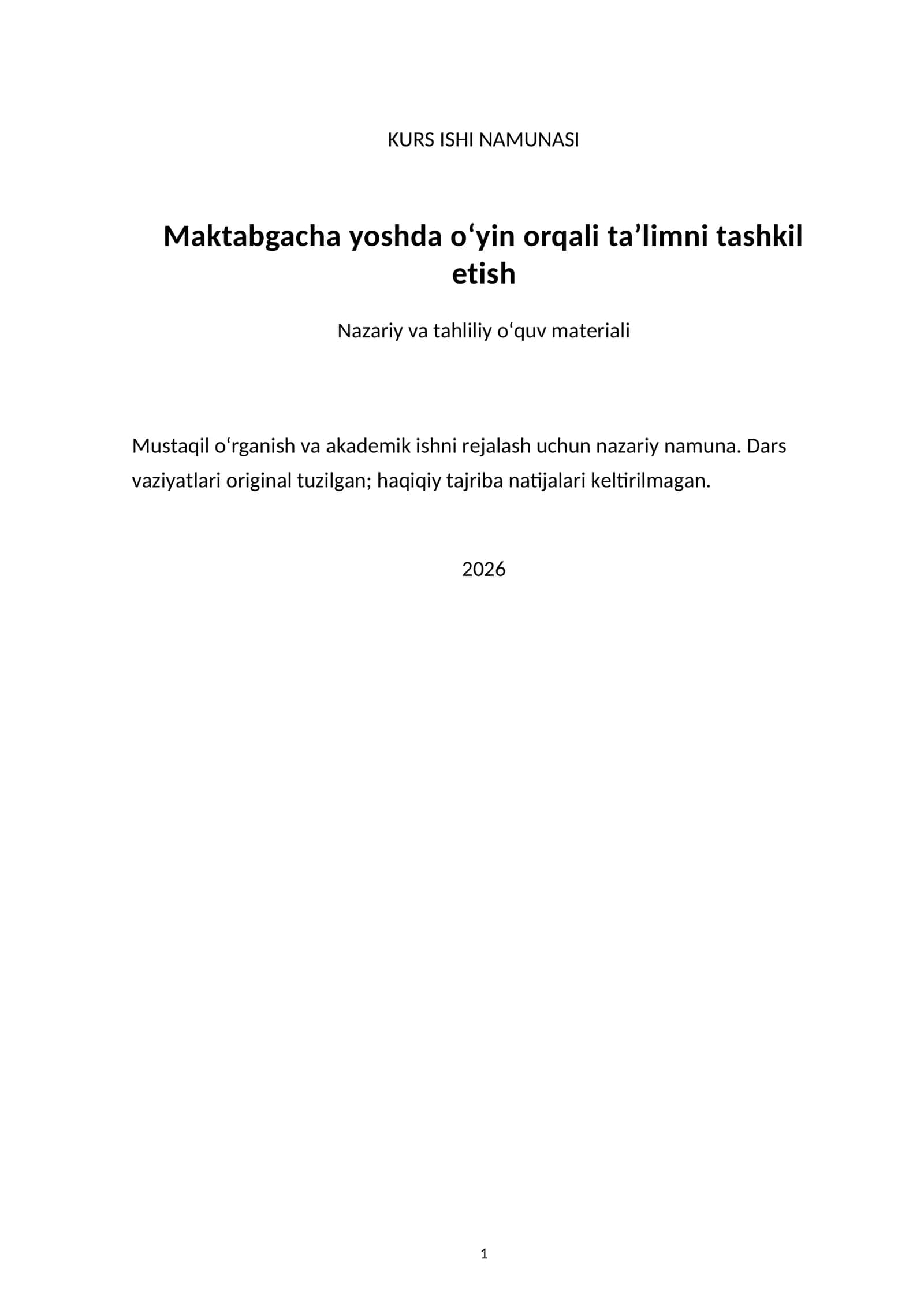 Maktabgacha yoshda o‘yin orqali ta’limni tashkil etish — kurs ishi namunasi