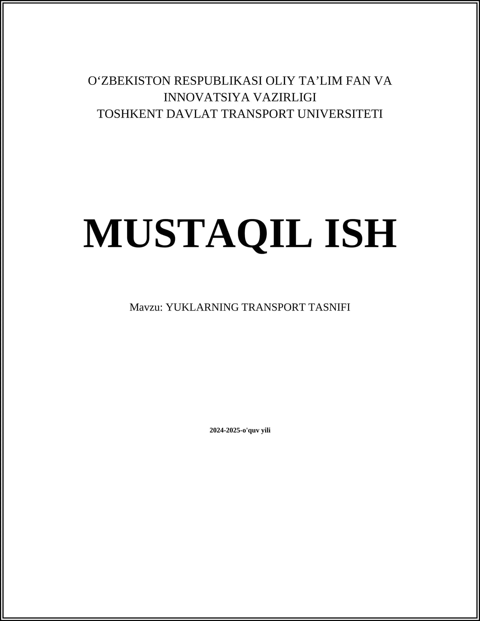 YUKLARNING TRANSPORT TASNIFI