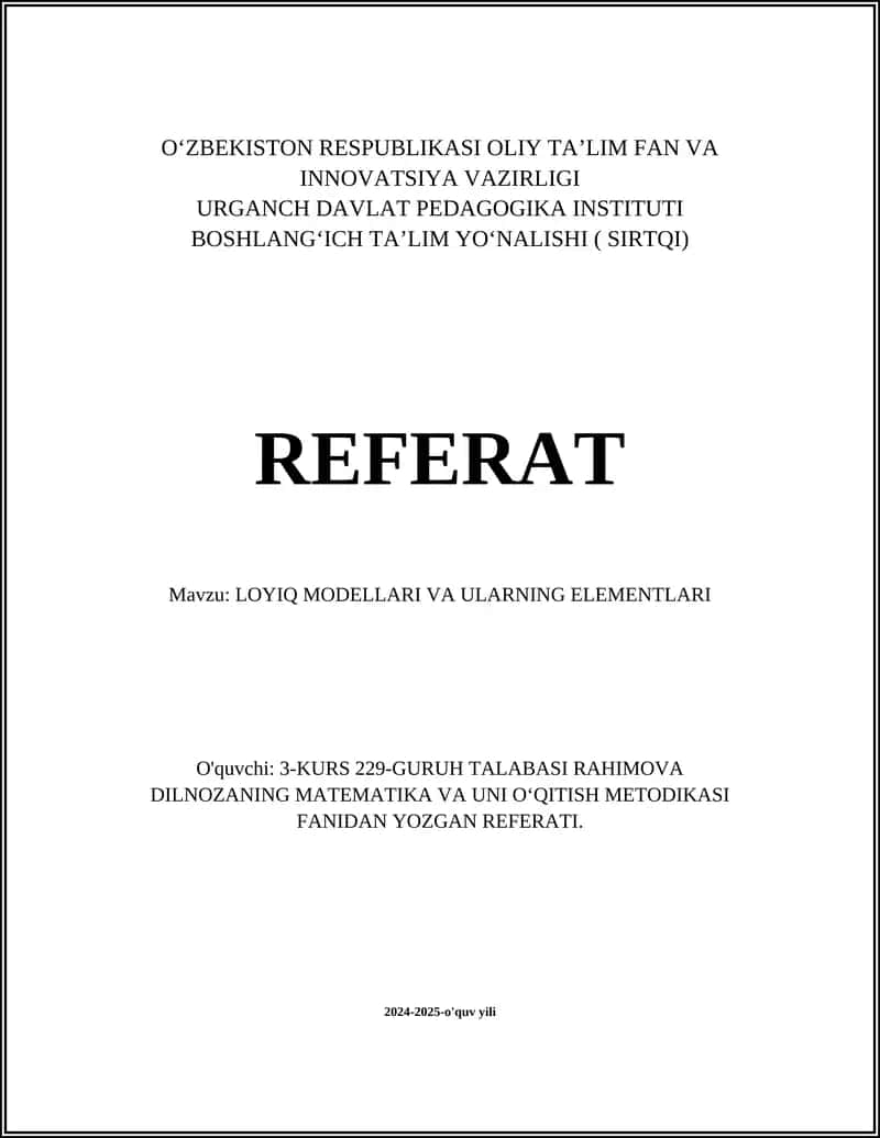 LOYIQ MODELLARI VA ULARNING ELEMENTLARI