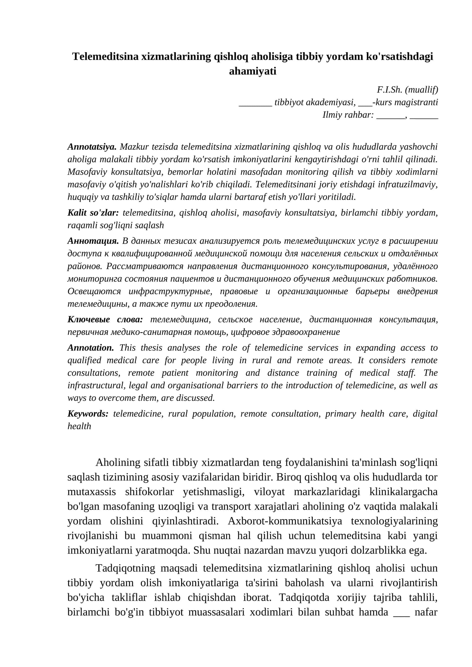 Na'muna tezis 26 Tibbiyot va sogliqni saqlash Telemeditsina xizmatlarining qishloq aholisiga tibbiy yordam namuna