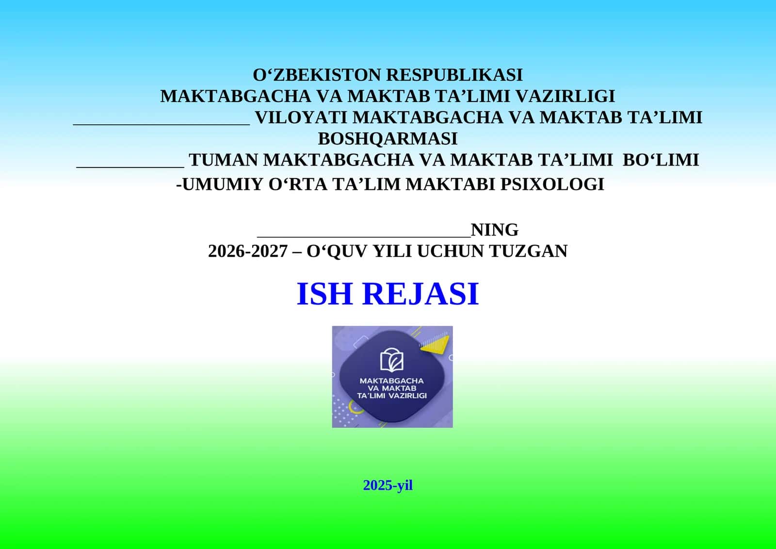 2026-2027 O‘quv Yili Uchun Psixolog ish rejasi