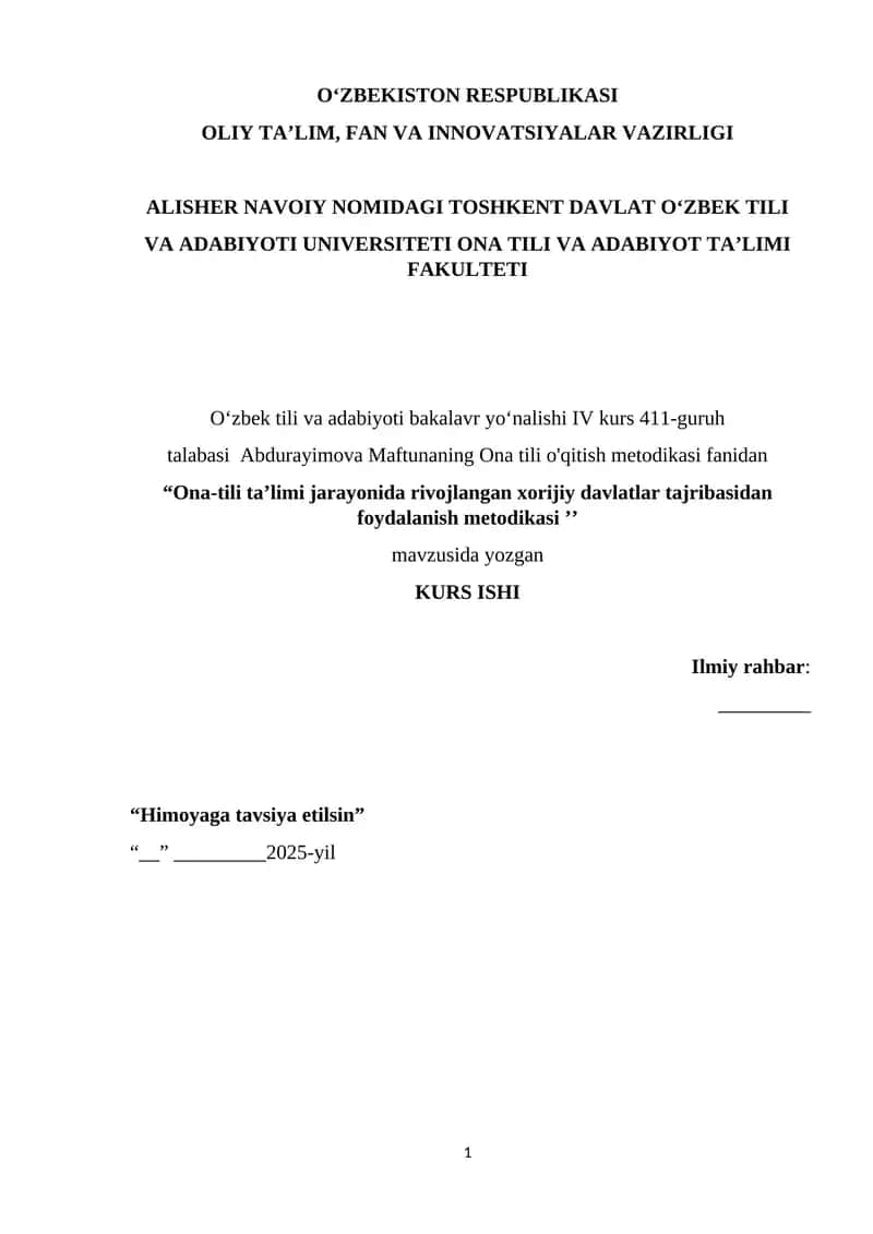 "Ona-tili ta’limi jarayonida rivojlangan xorijiy davlatlar tajribasidan foydalanish metodikasi"