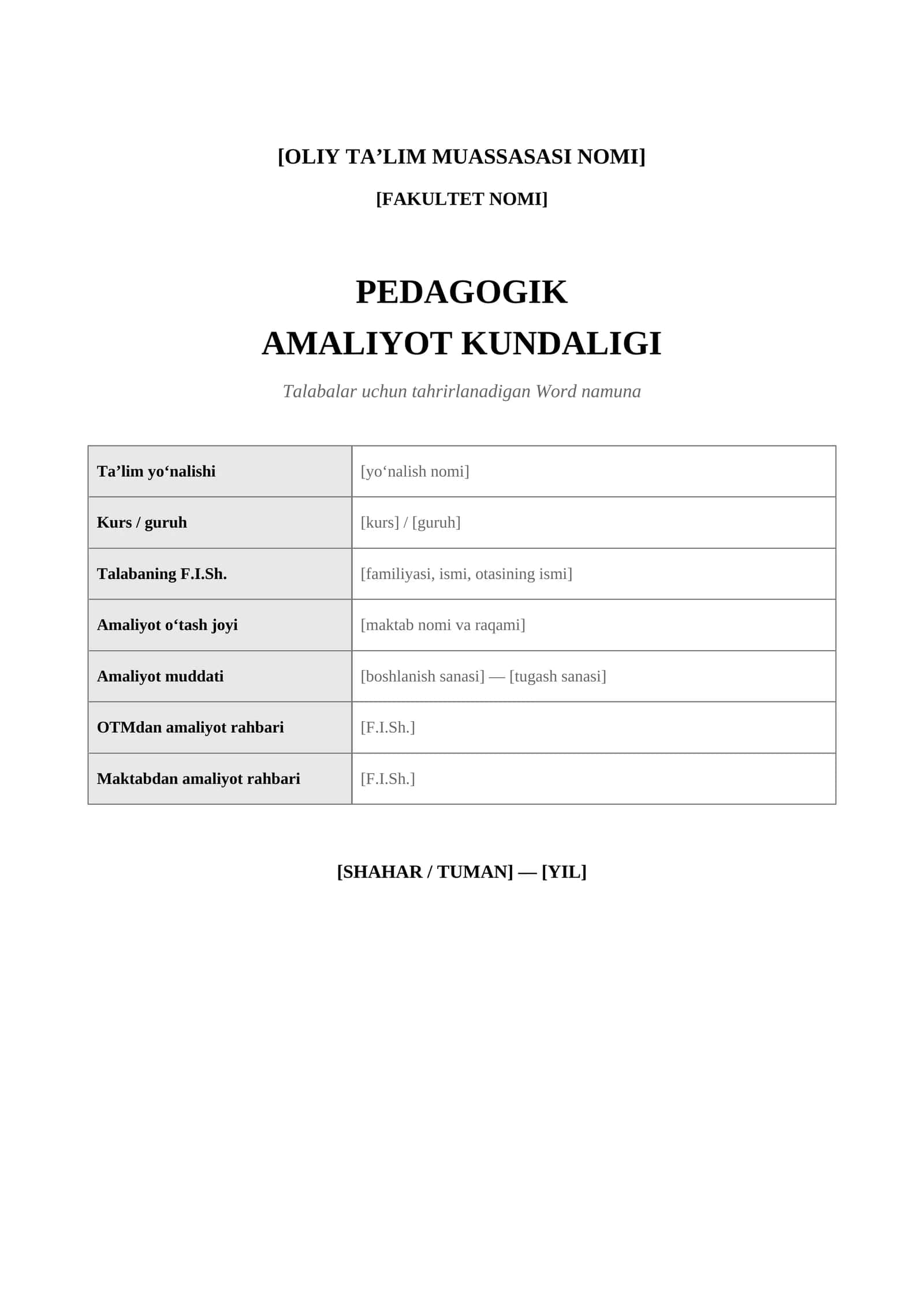 Pedagogik amaliyot kundaligi | Talabalar uchun tayyor Word namuna | DOCX