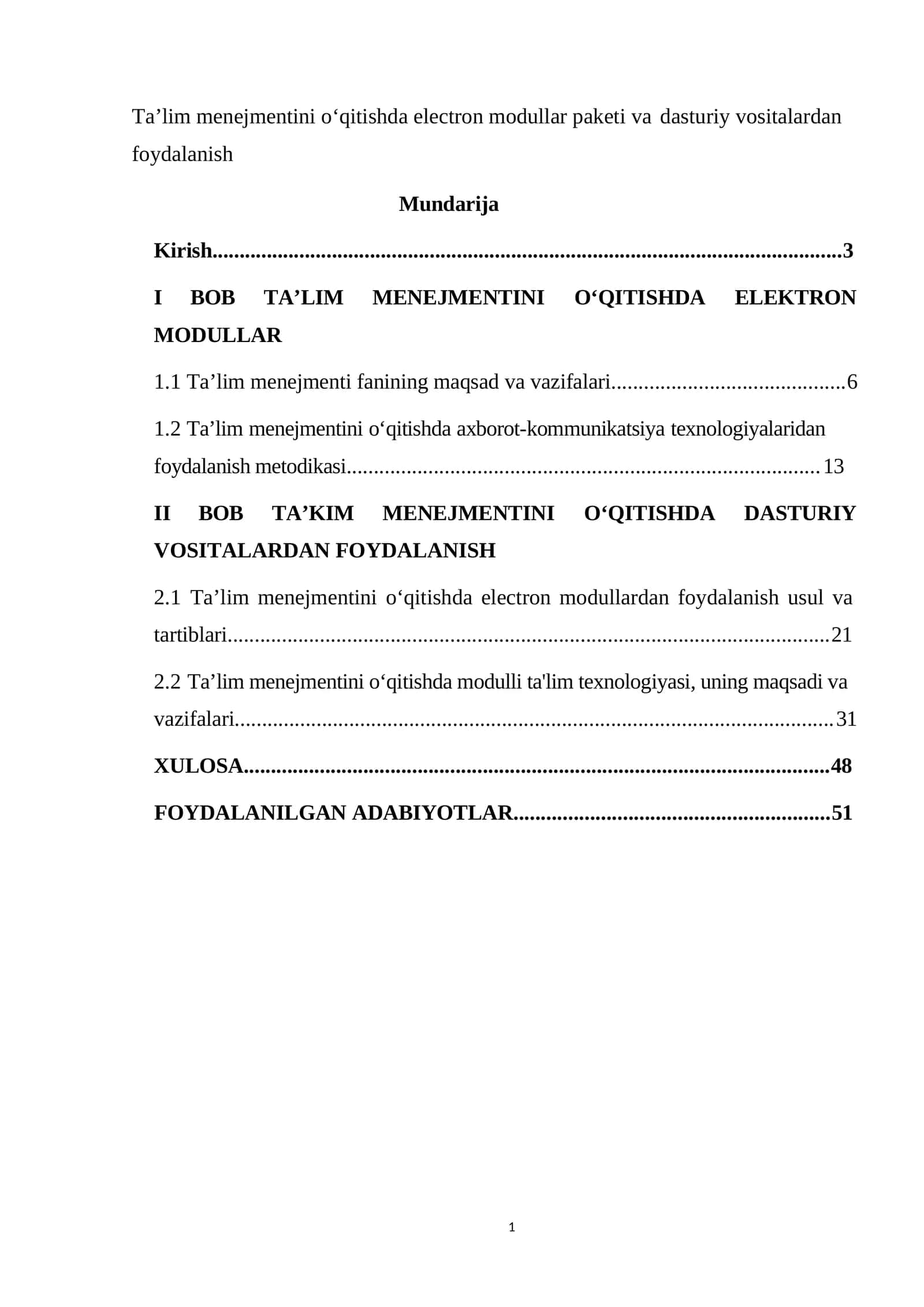 Ta’lim menejmentini o‘qitishda eleKtron modullar paketi va dasturiy vositalardan foydalanish