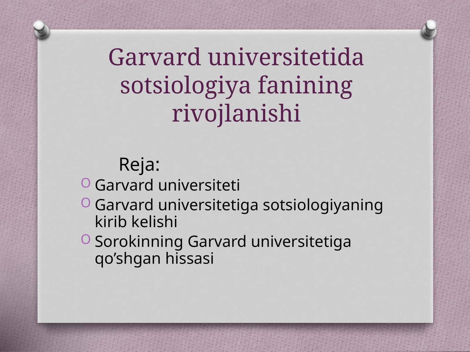 Garvard universitetida sotsiologiya fanining rivojlanishi