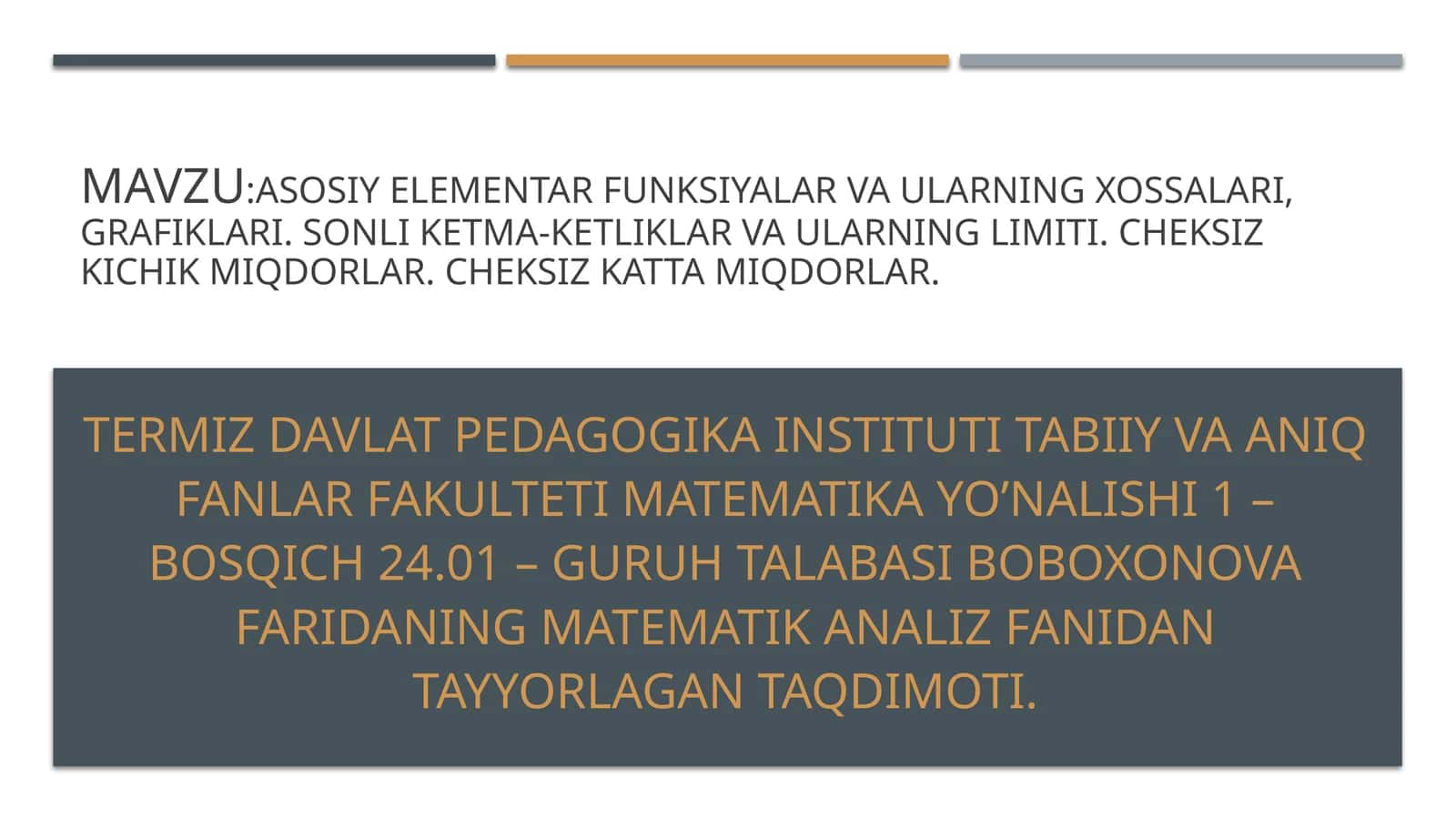 Asosiy elementar funksiyalar va ularning xossalari, grafiklari. Sonli ketma-ketliklar va ularning limiti. cheksiz kichik miqdorlar. Cheksiz katta miqdorlar.