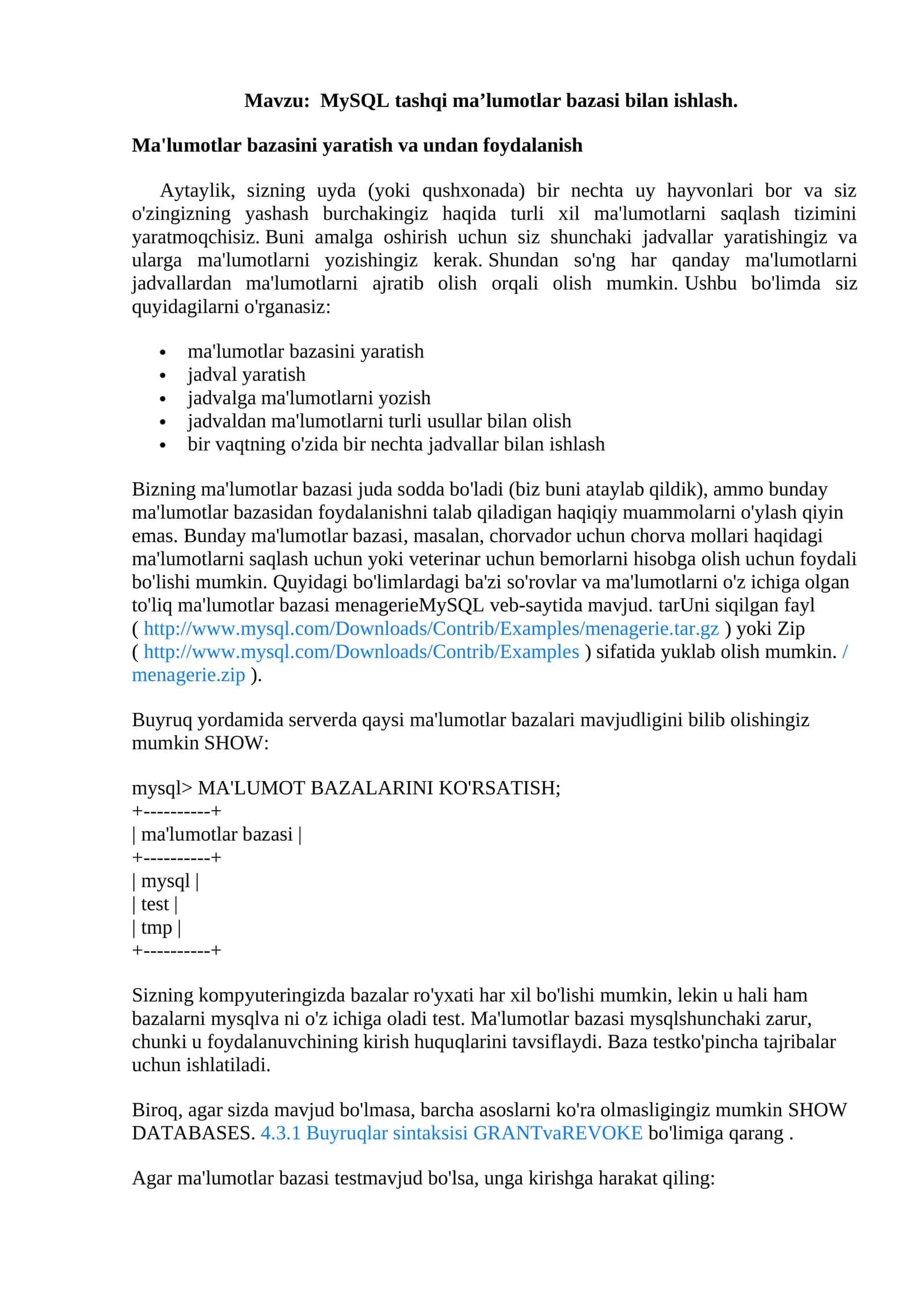 MySQL tashqi ma’lumotlar bazasi bilan ishlash